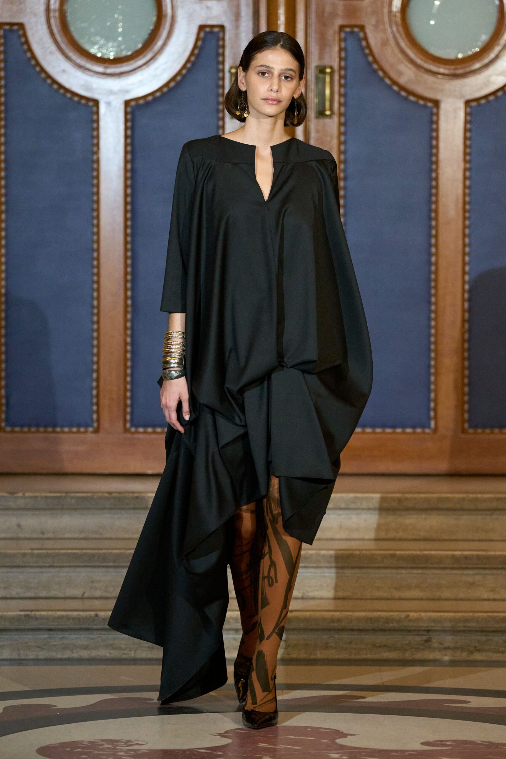 black silk long-sleeve v-neck relaxed draped midi dress