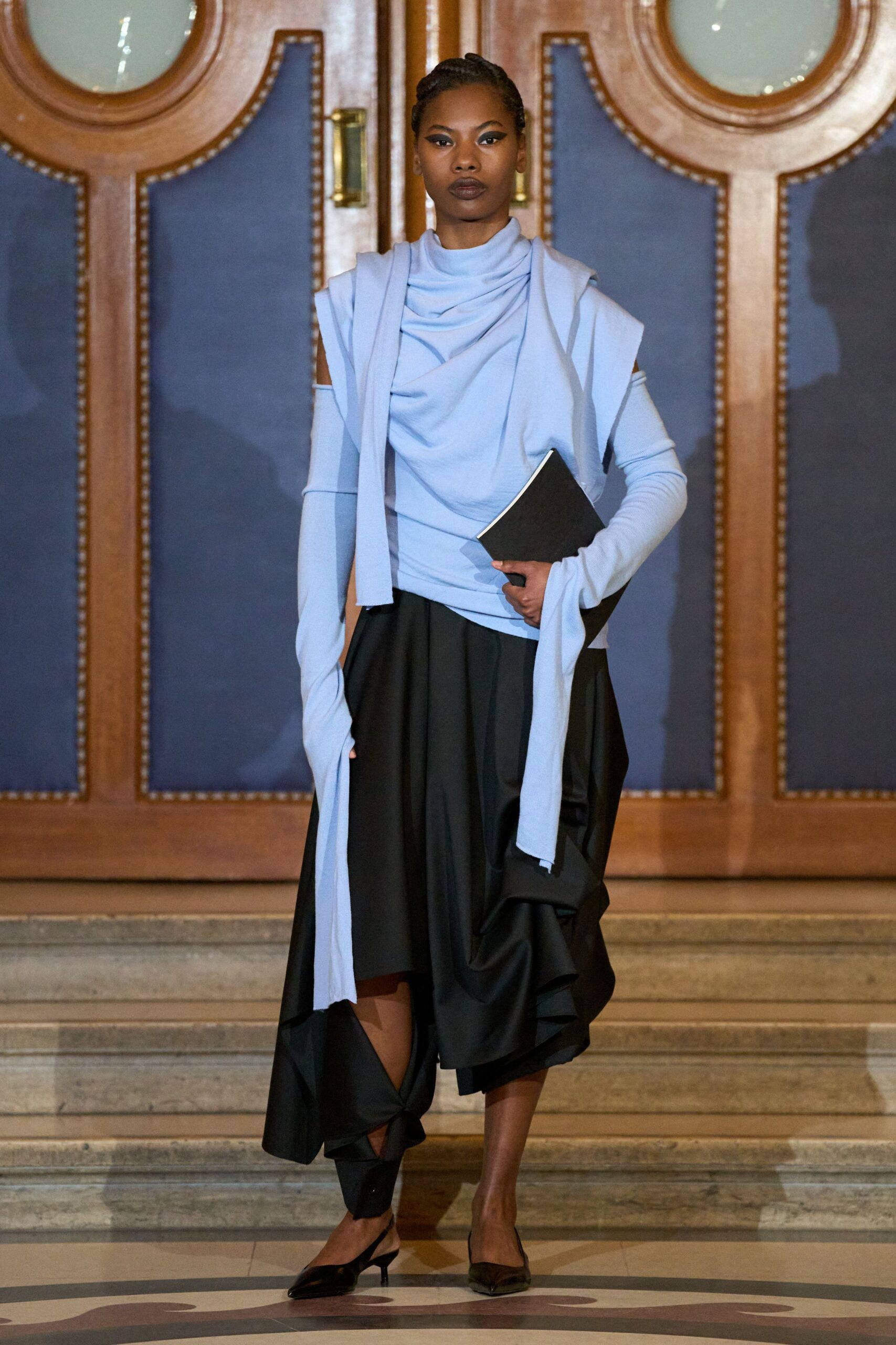 blue cotton long-sleeve high-neck fitted draped top