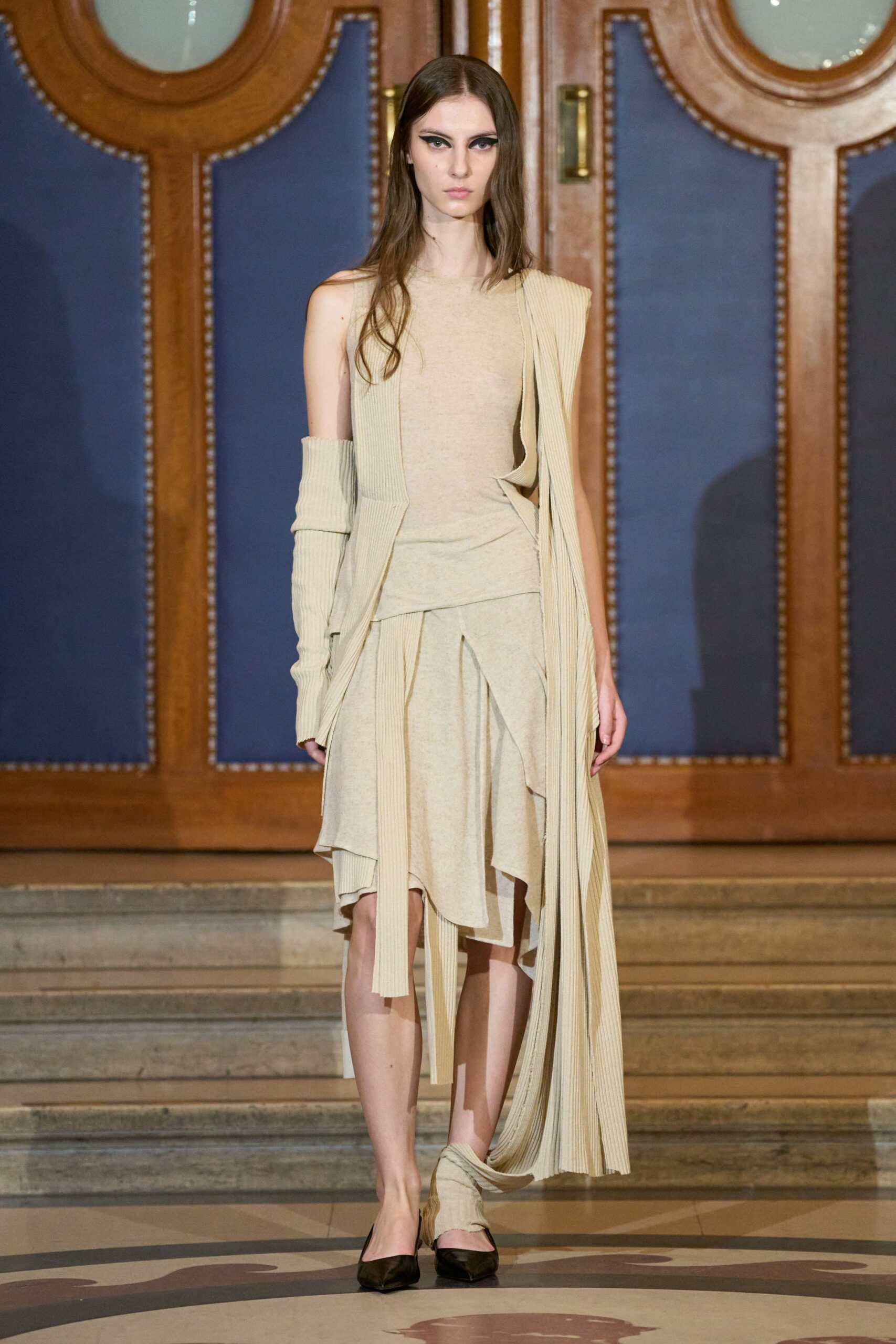 beige cotton sleeveless asymmetric fitted draped midi dress