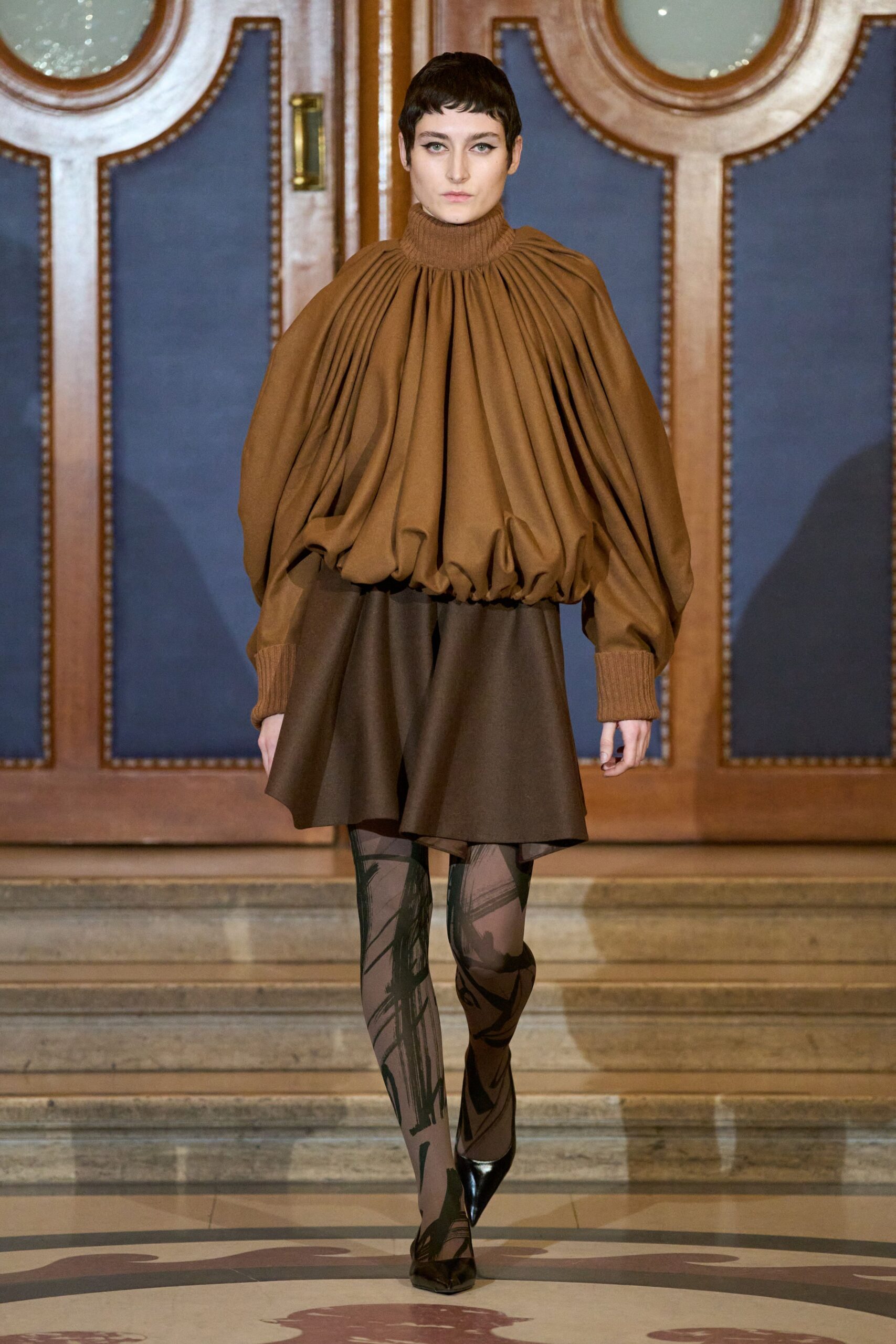 brown wool long-sleeve high-neck relaxed pleated top