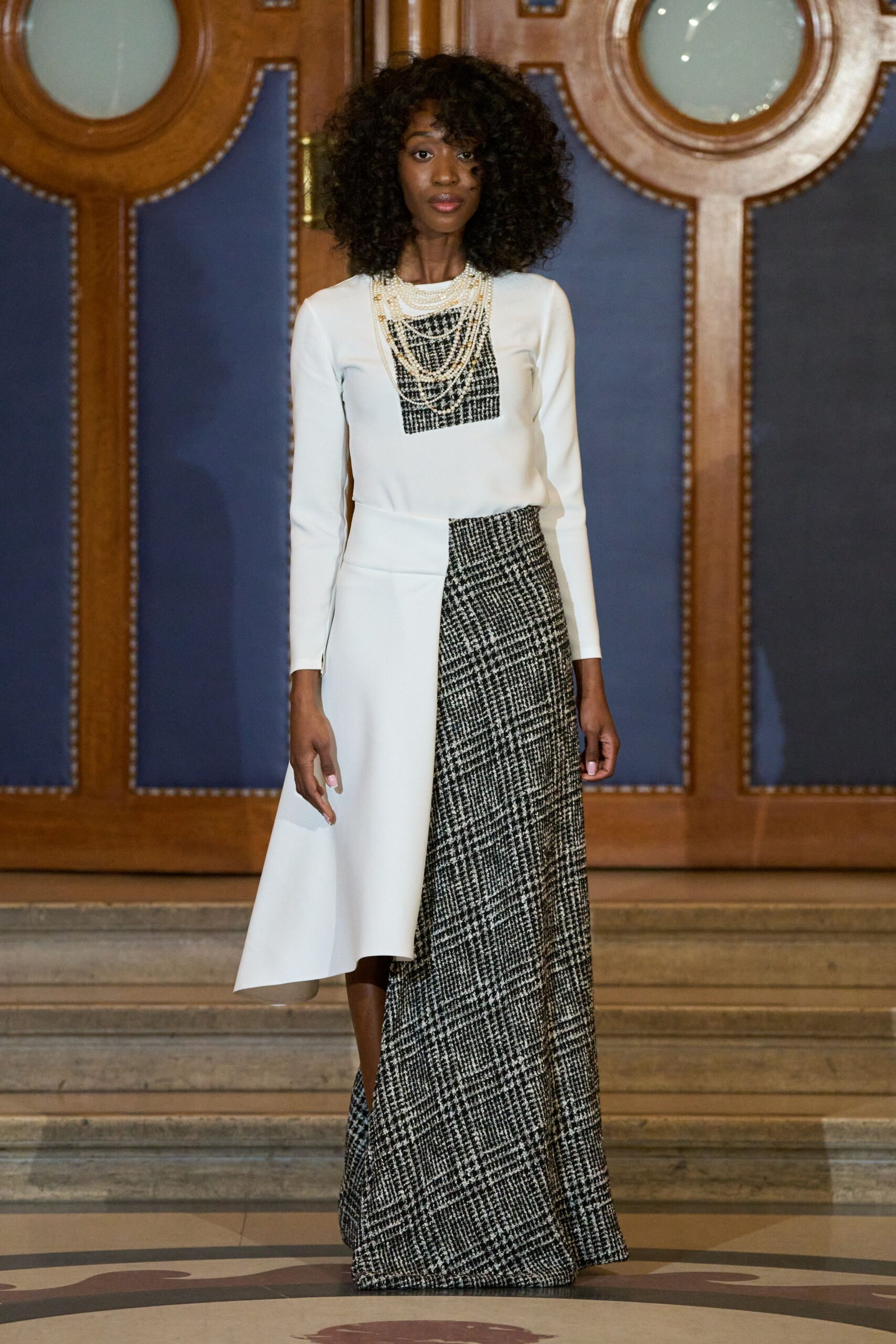 white and black asymmetric gown