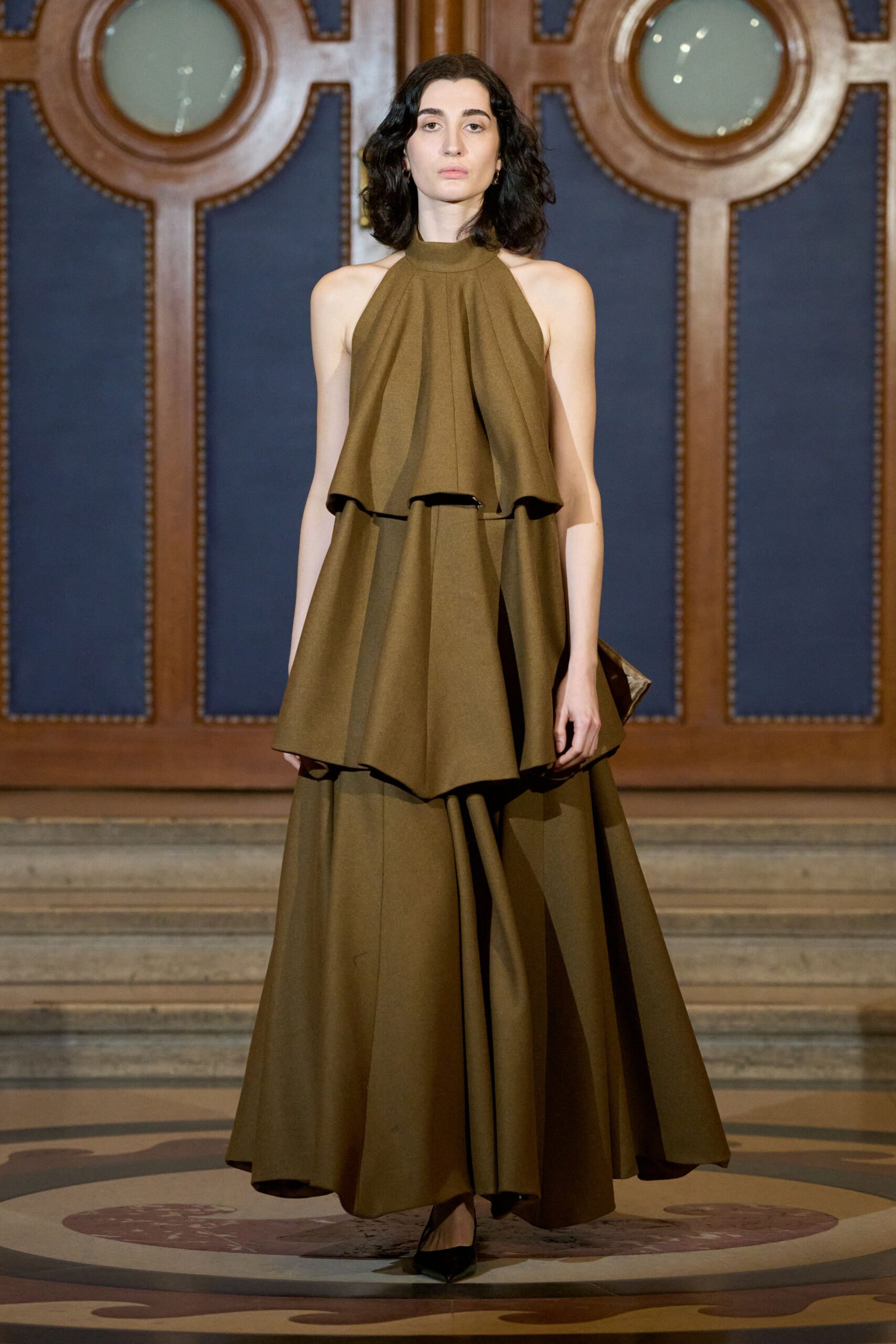 brown wool sleeveless high-neck fitted layered maxi gown