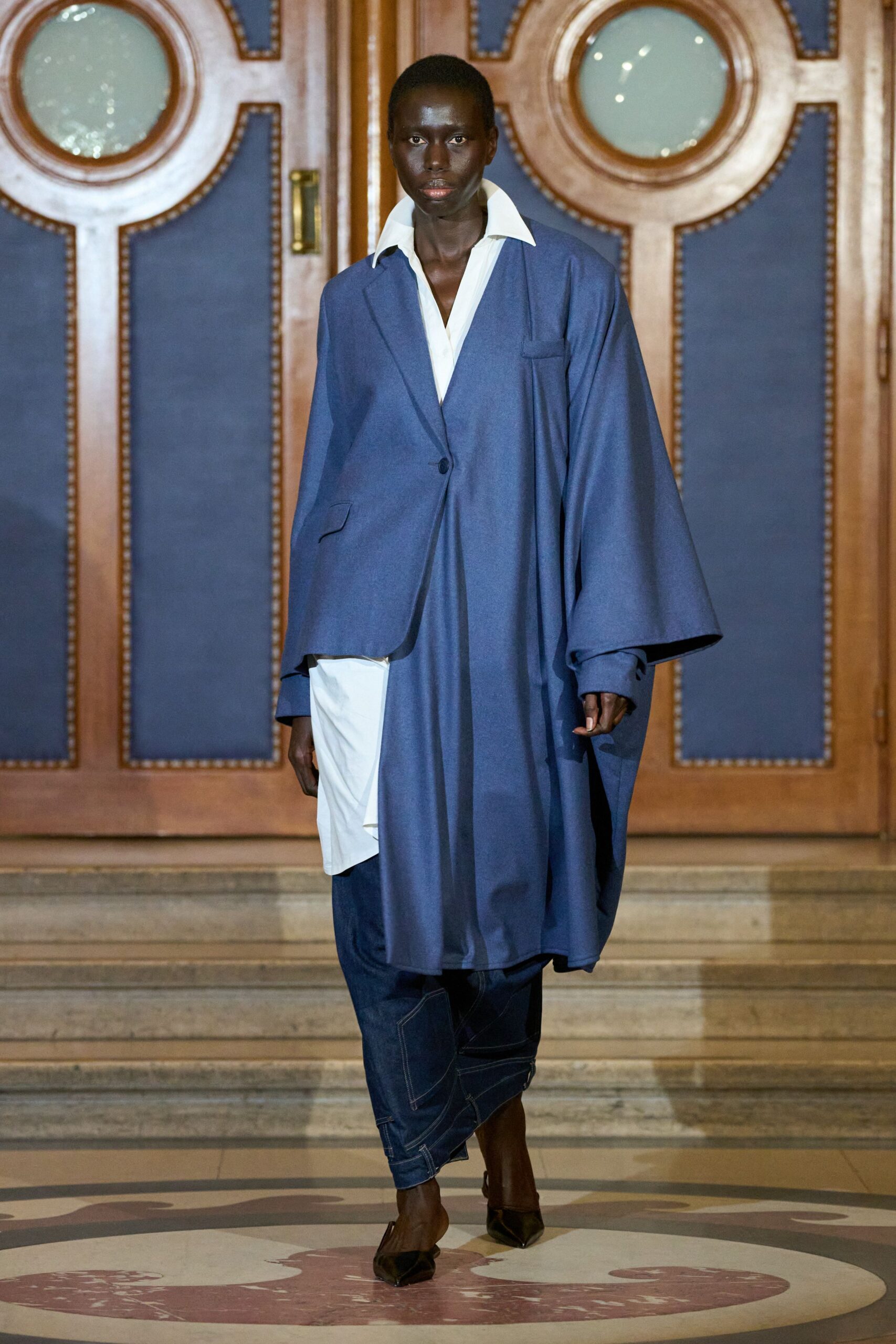 blue cotton long-sleeve collared oversized layered jacket