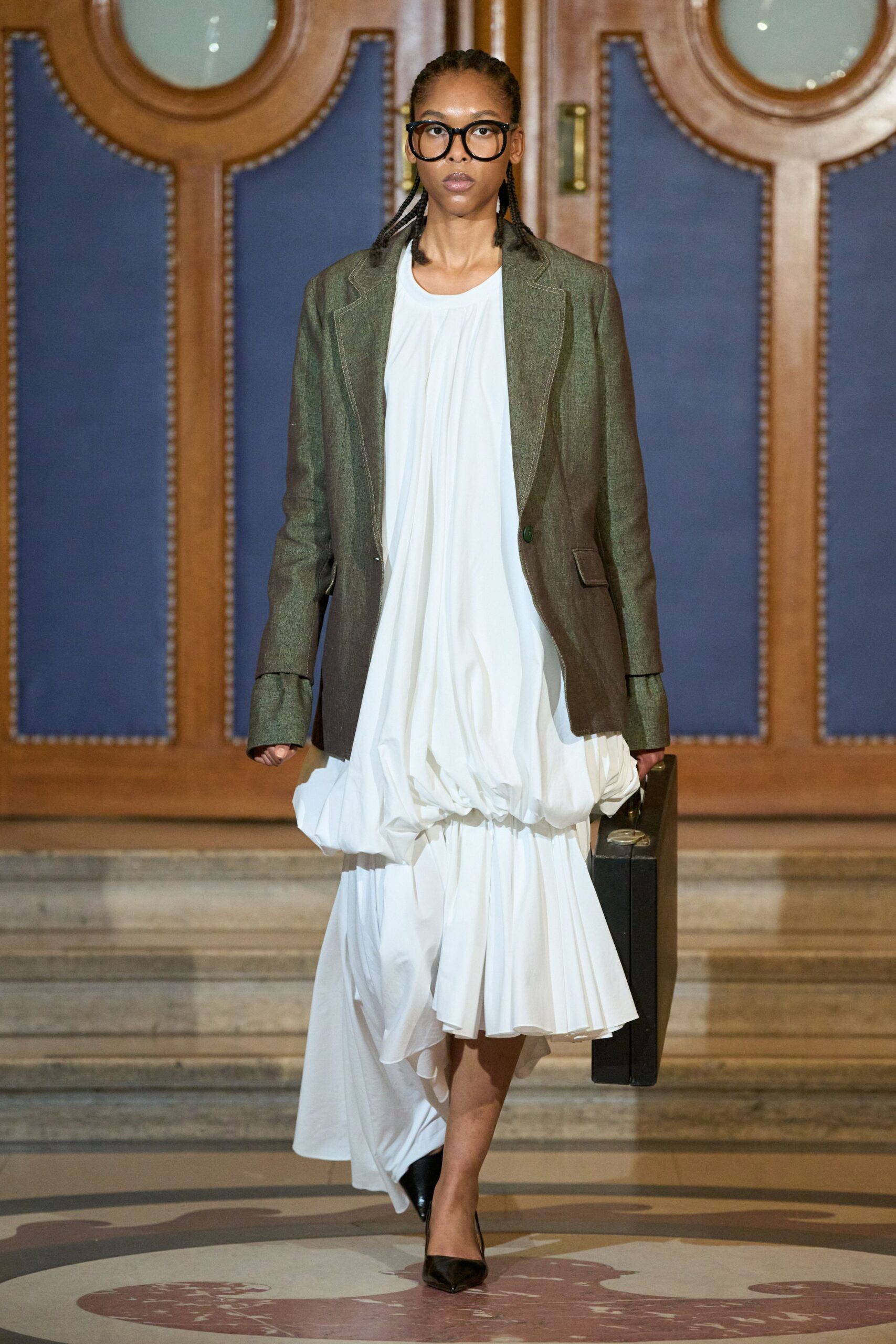 white cotton sleeveless v-neck fitted pleated layered dress