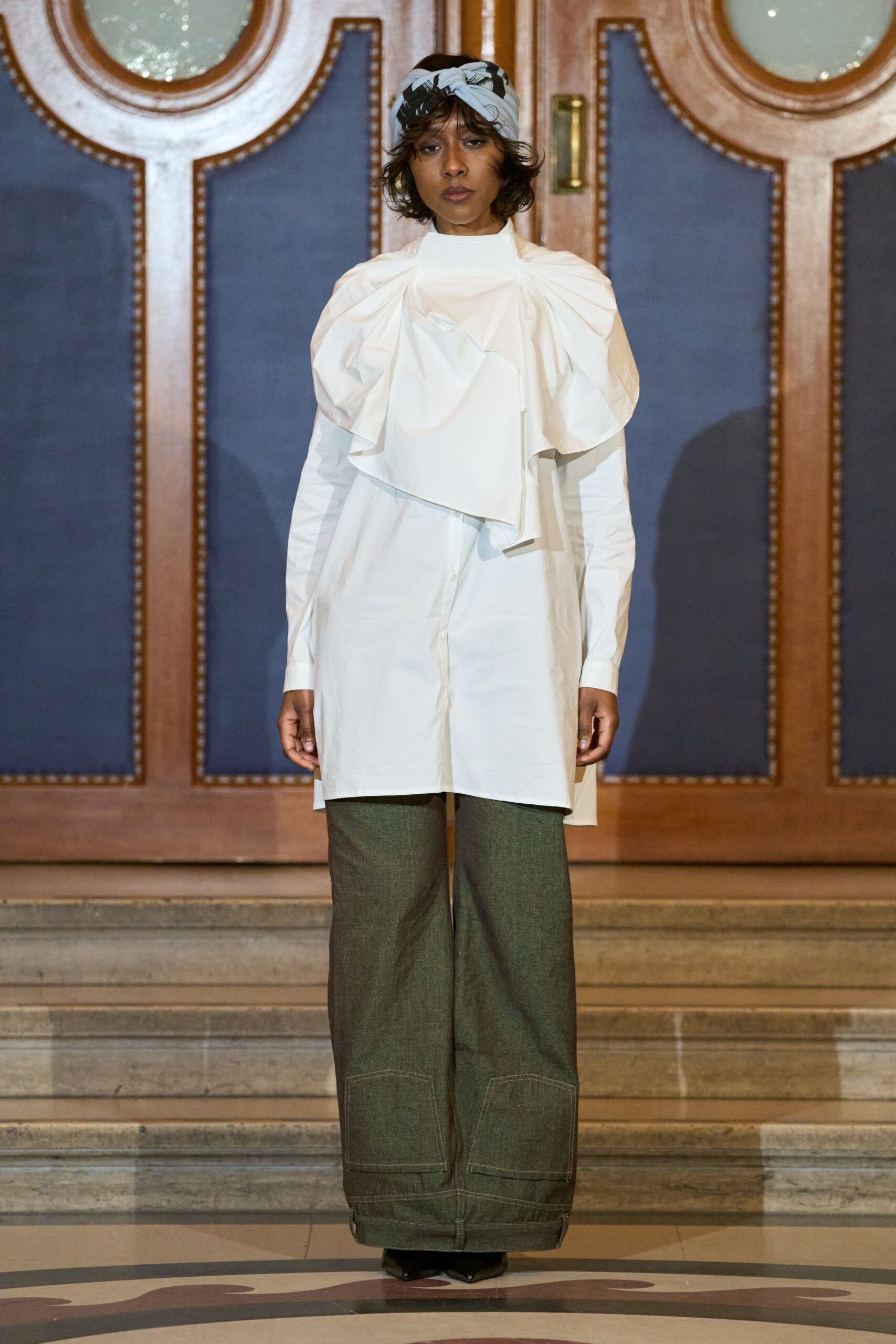 white cotton long-sleeve collared relaxed draped top