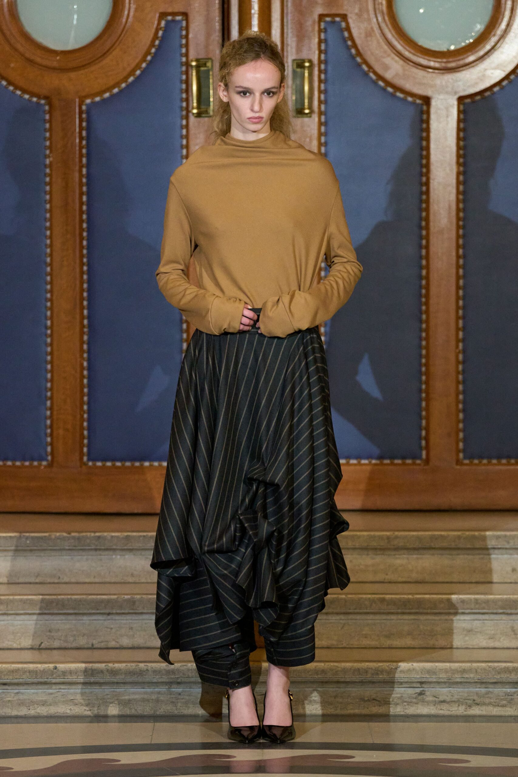 brown cotton long-sleeve high-neck relaxed draped top