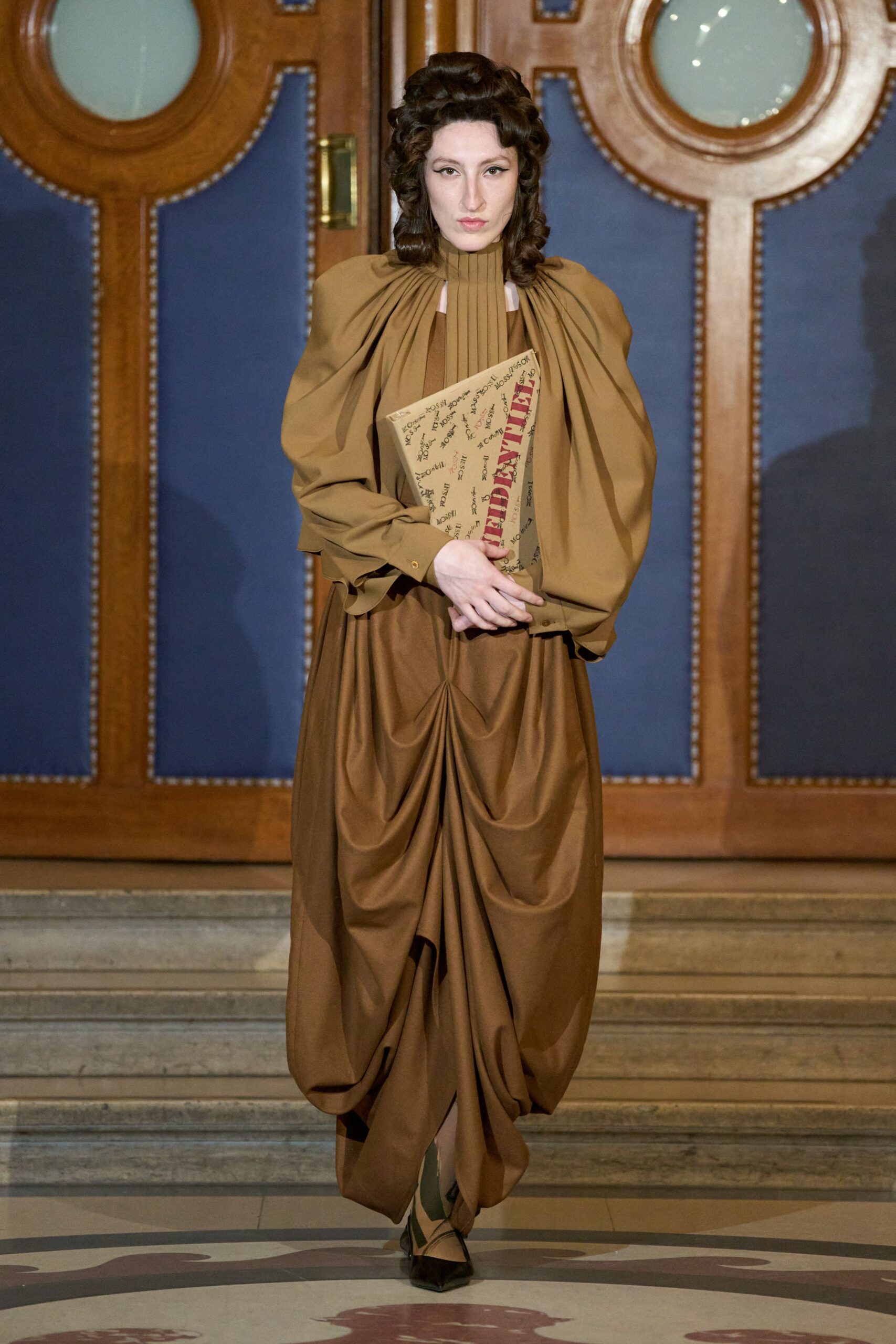 brown silk long-sleeve high-neck relaxed draped midi dress