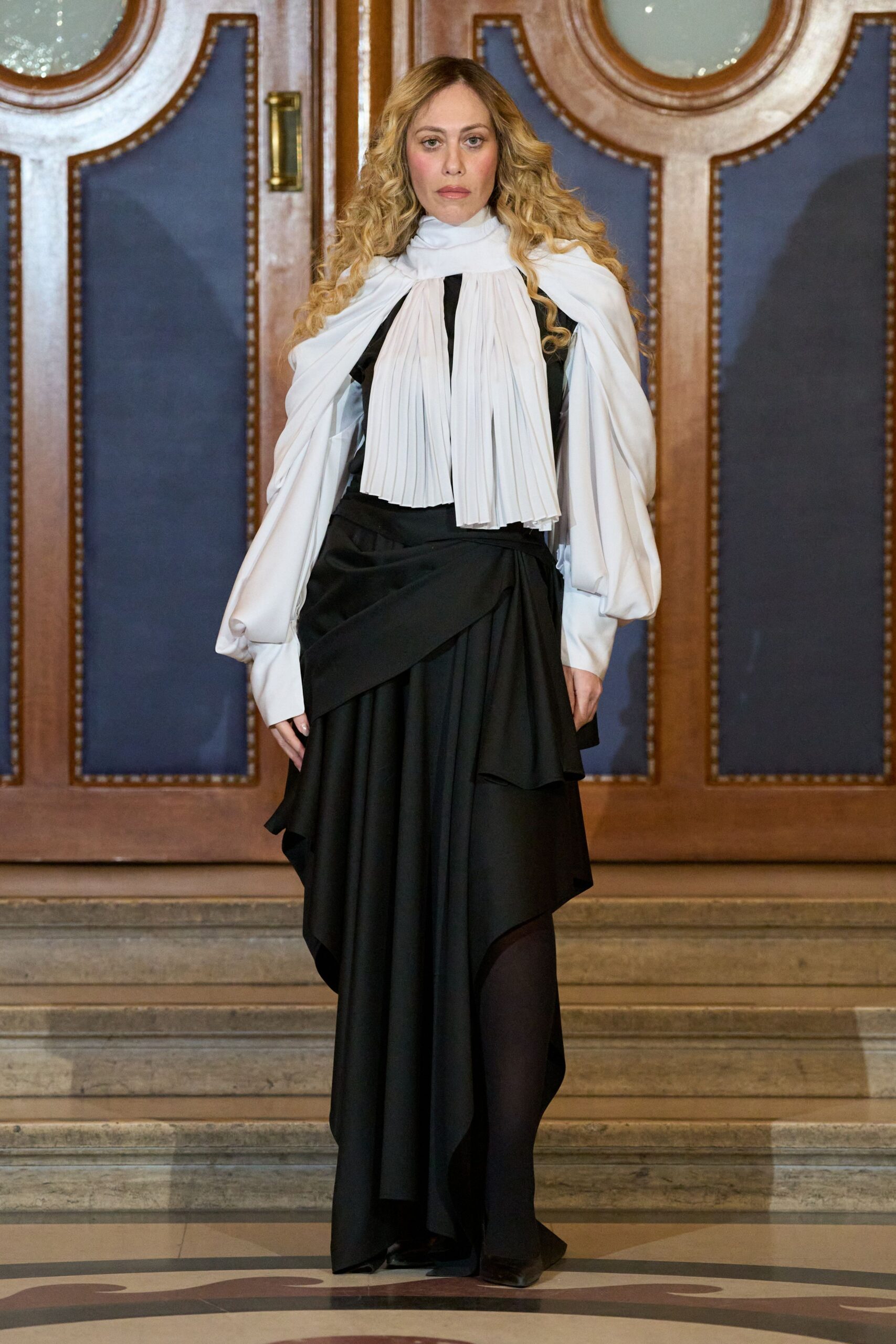 white silk long-sleeve collared fitted pleated blouse