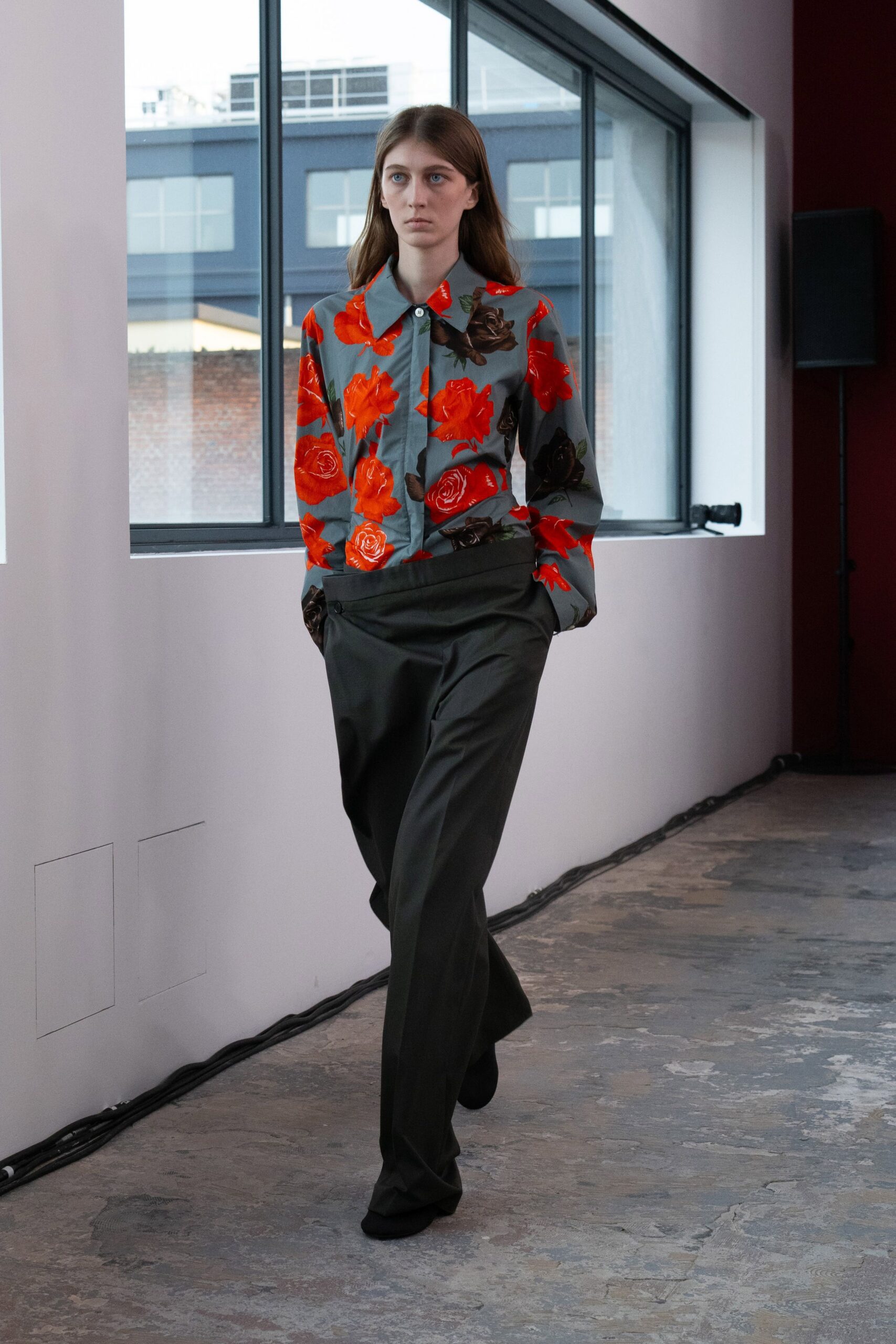 gray cotton long-sleeve collared relaxed floral buttoned shirt