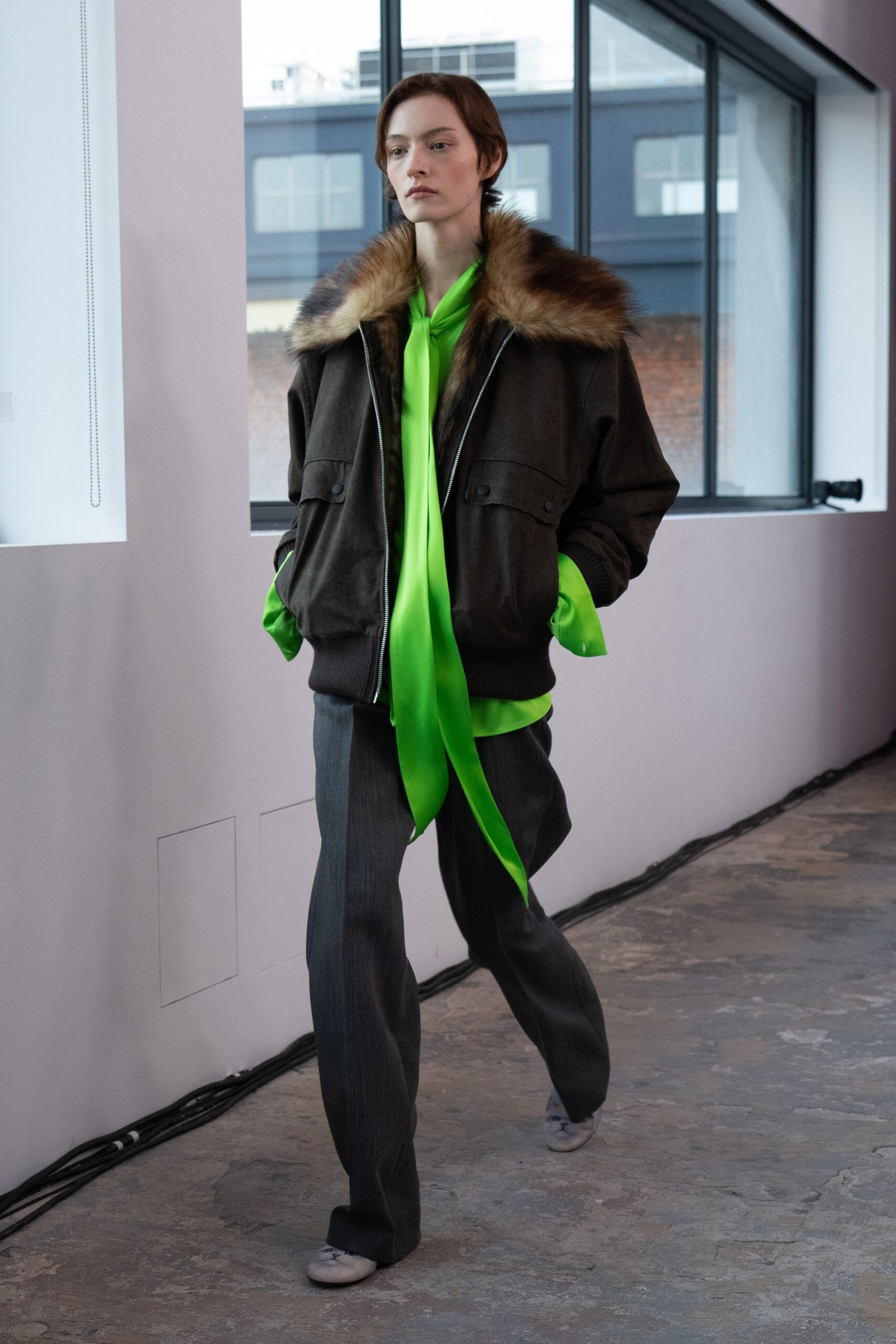 green silk long-sleeve v-neck fitted layered shirt