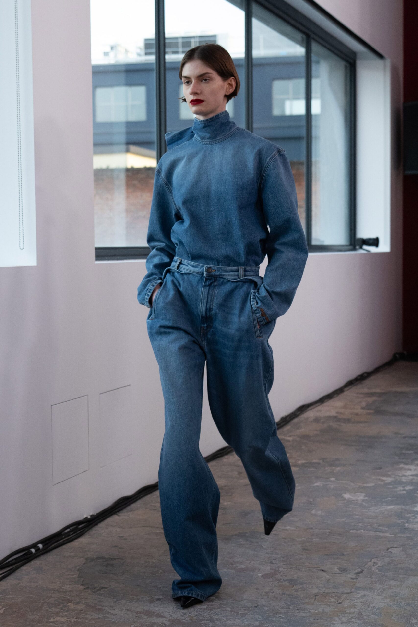 blue denim long-sleeve high-neck relaxed top
