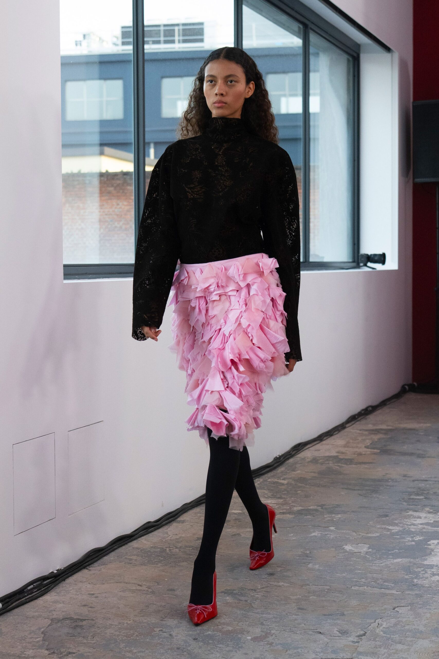 black lace top pink ruffled skirt
