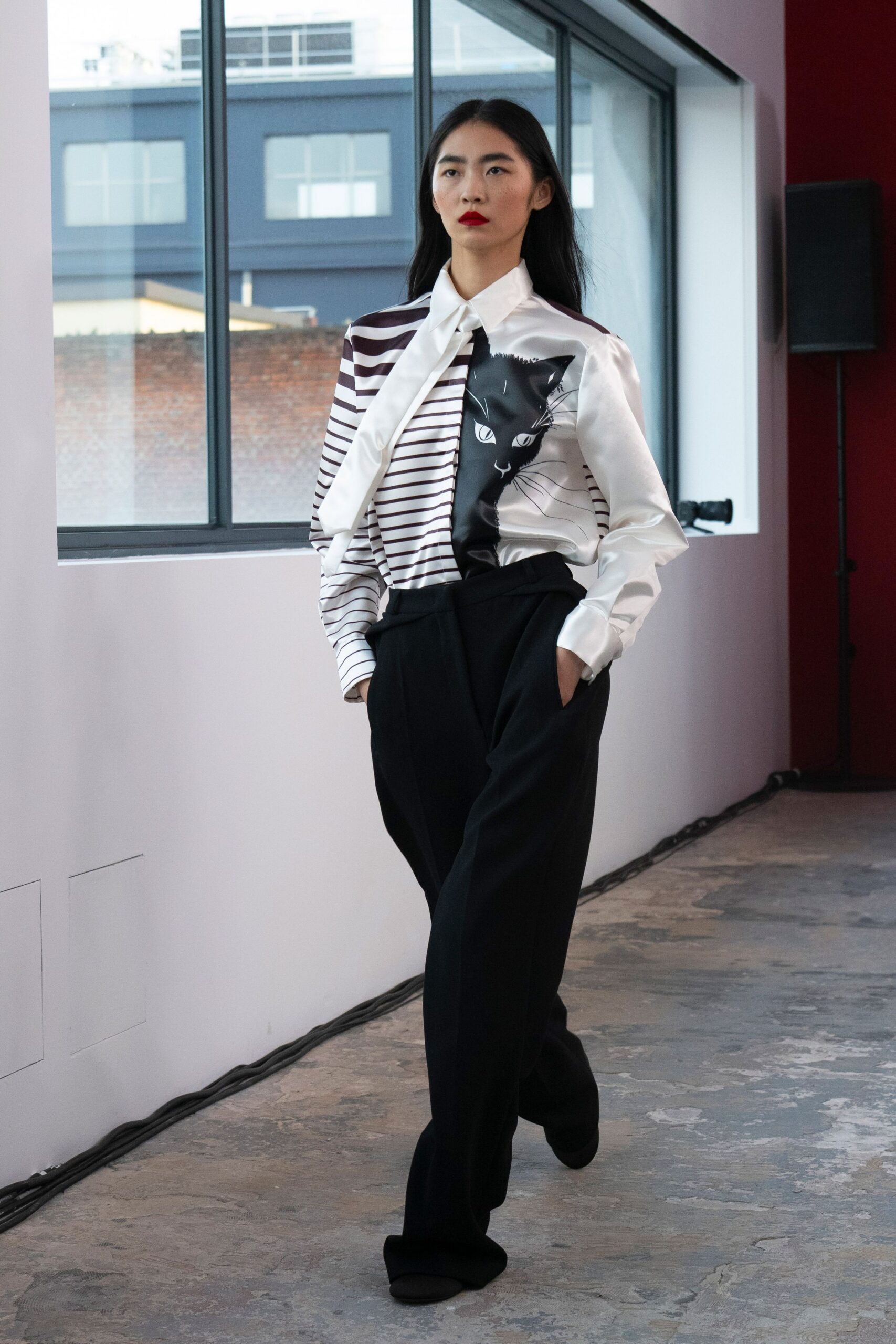 black tailored pants with white shirt