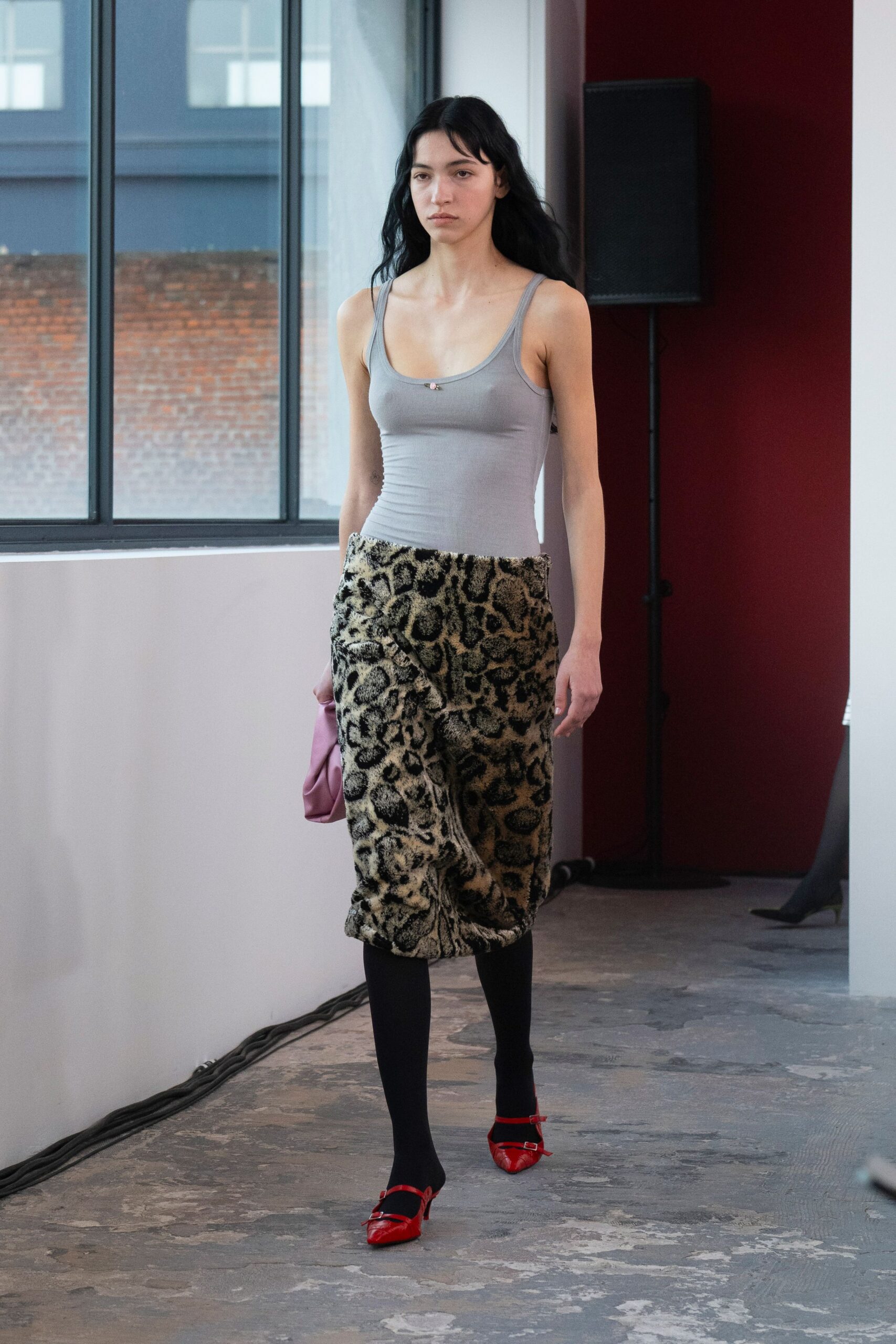 gray tank-top with animal-print skirt