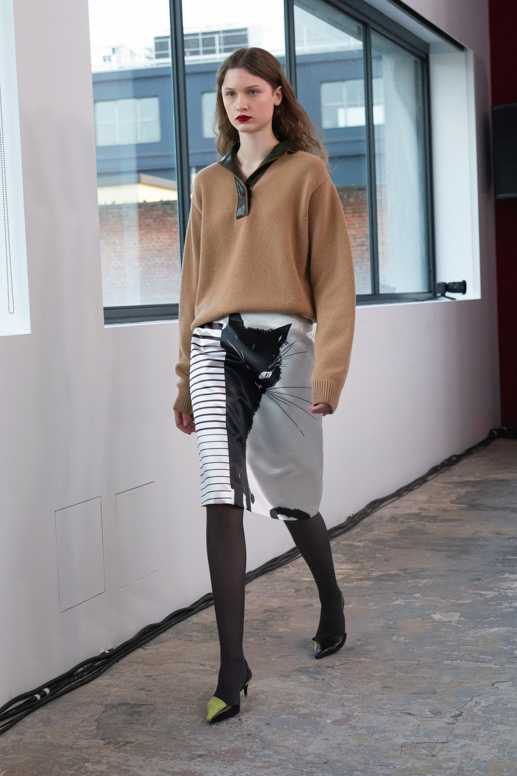 black cotton asymmetric fitted striped skirt