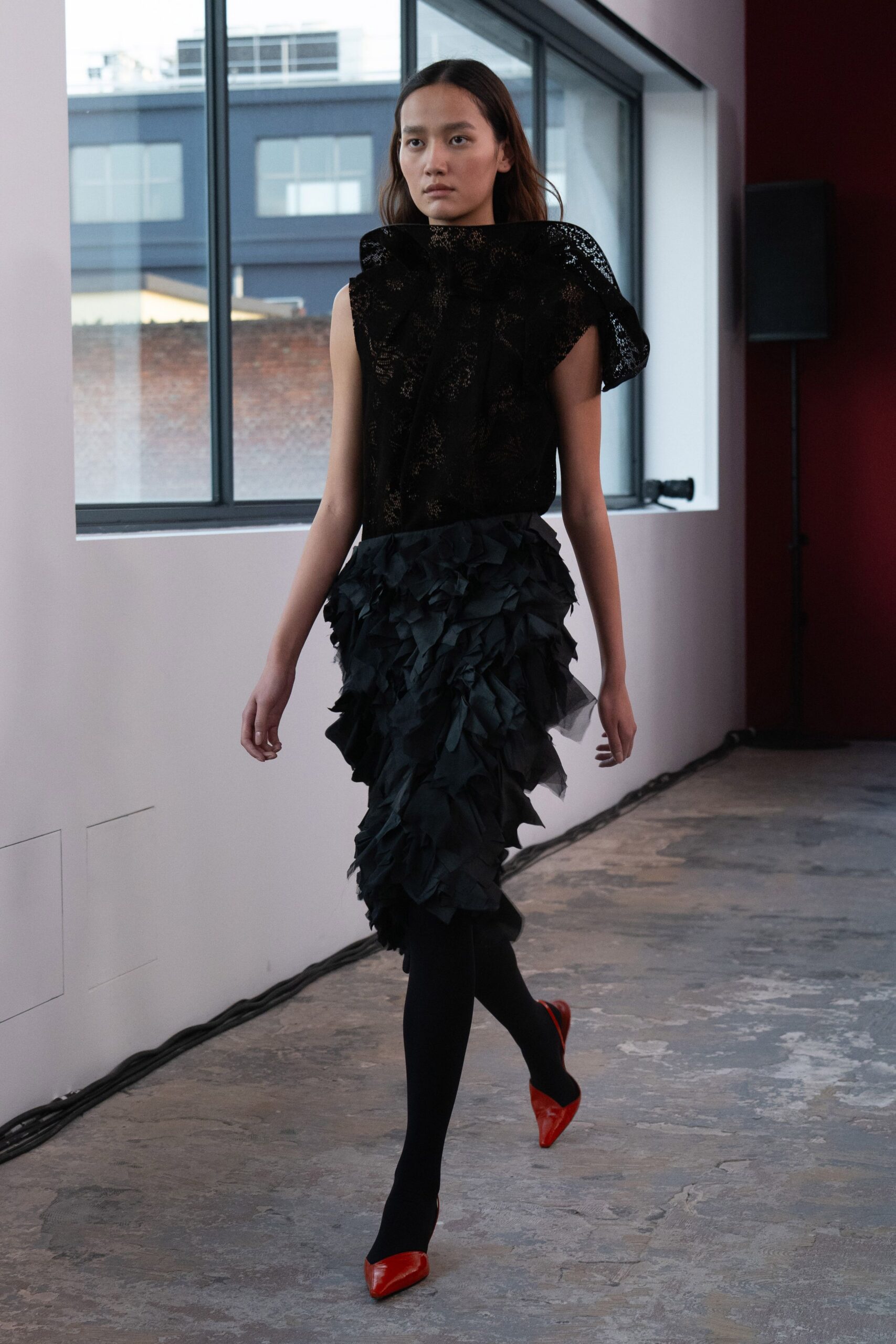 black lace top with tiered skirt