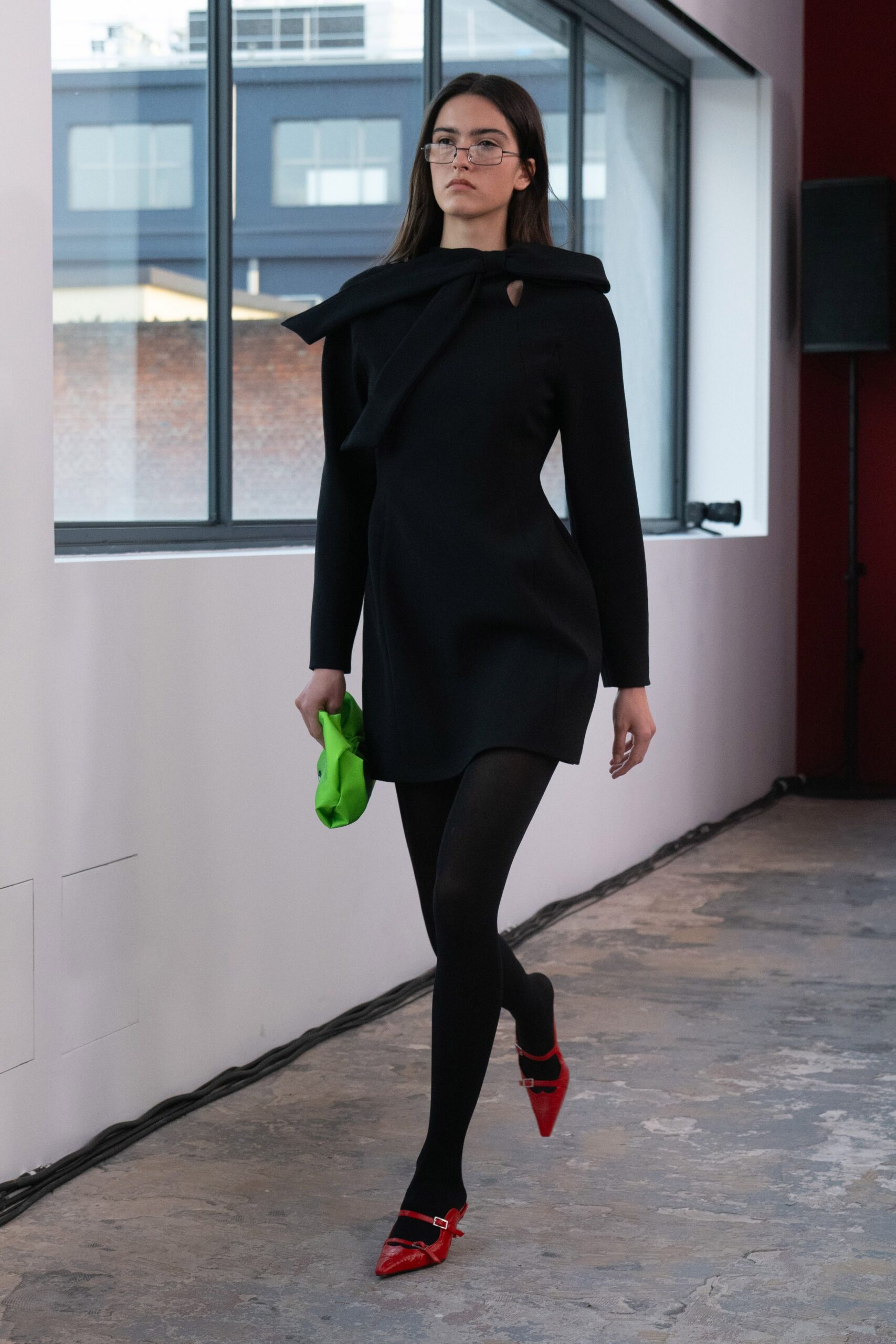 black wool long-sleeve high-neck fitted mini dress