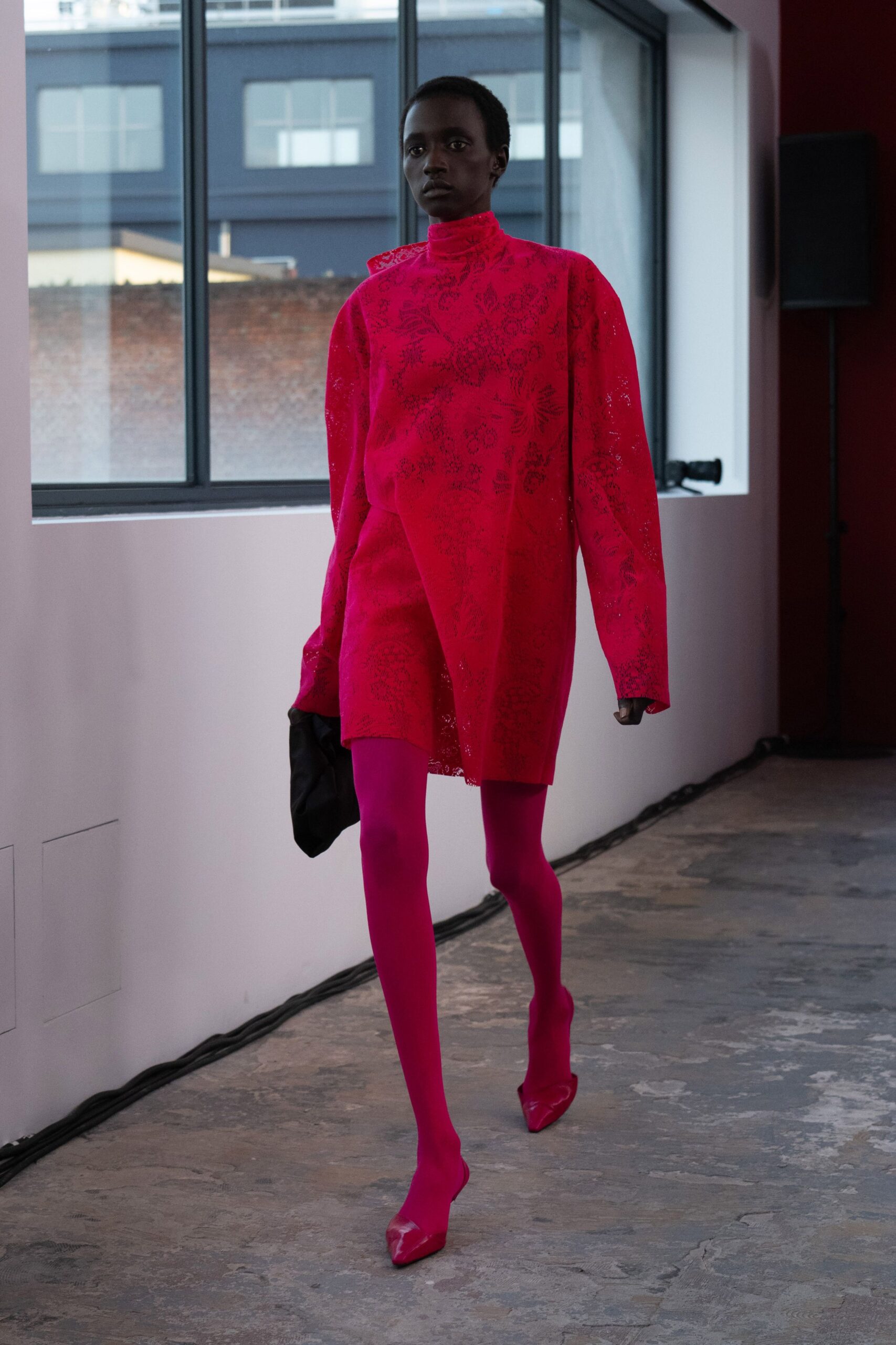 pink lace long-sleeve high-neck fitted structured embroidered dress