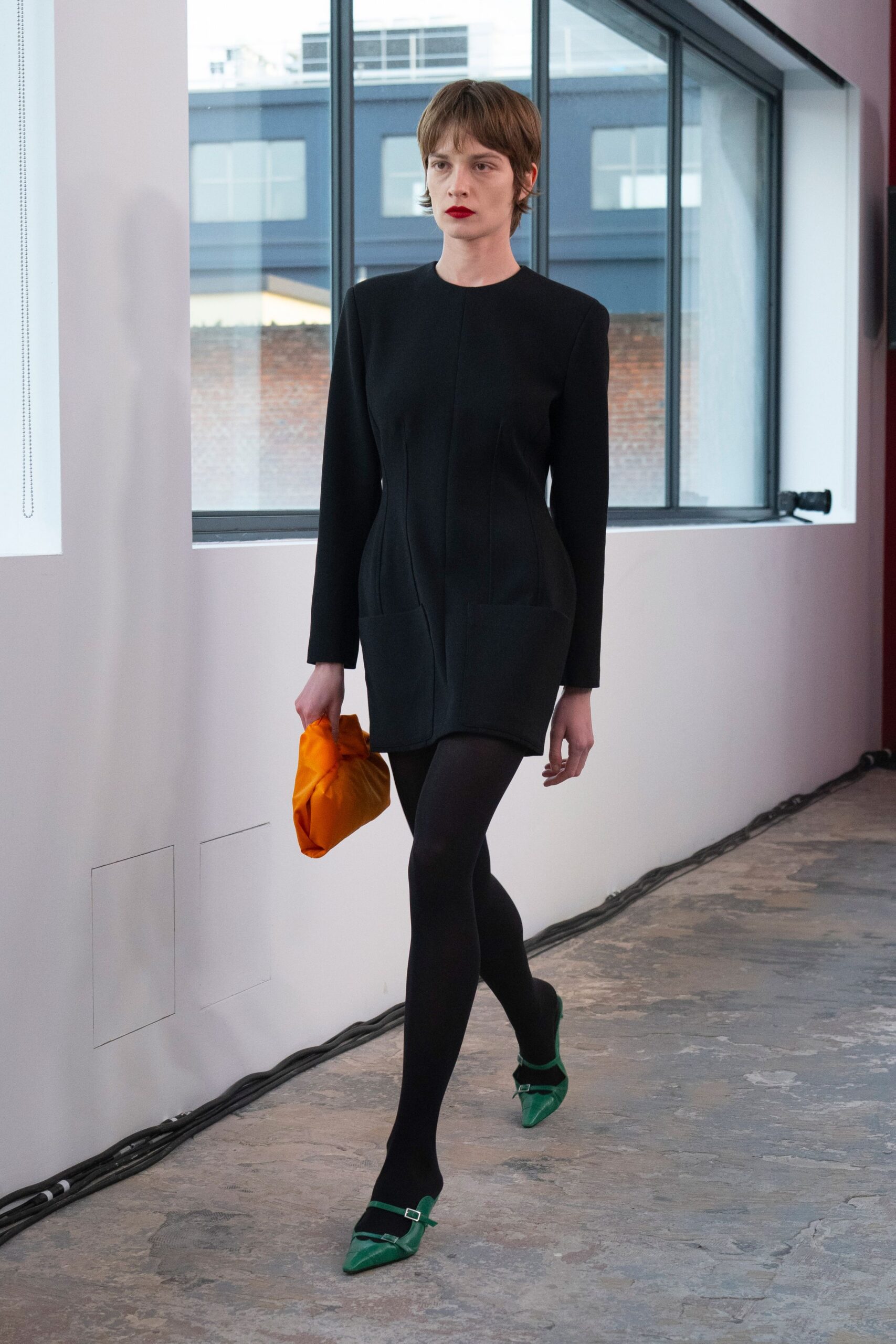 black wool long-sleeve collared fitted structured mini dress