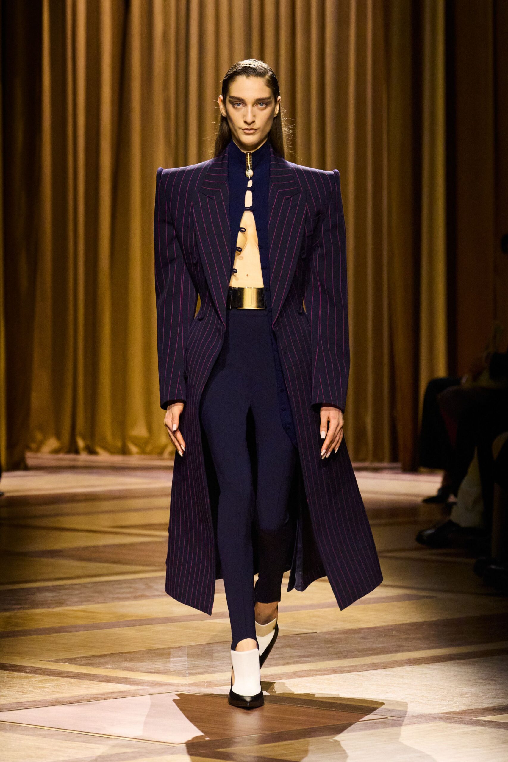 purple wool long-sleeve collared structured striped buttoned coat
