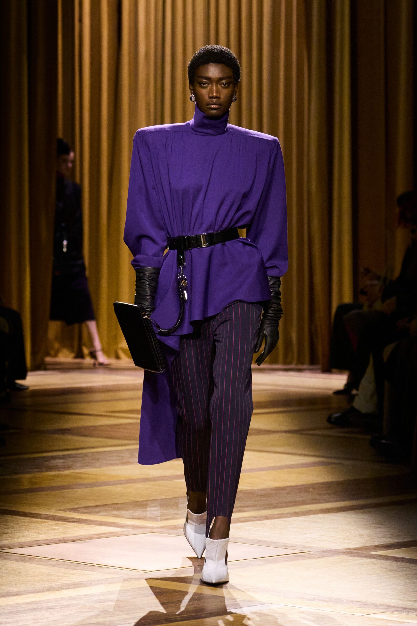 purple long-sleeve high-neck relaxed belted top