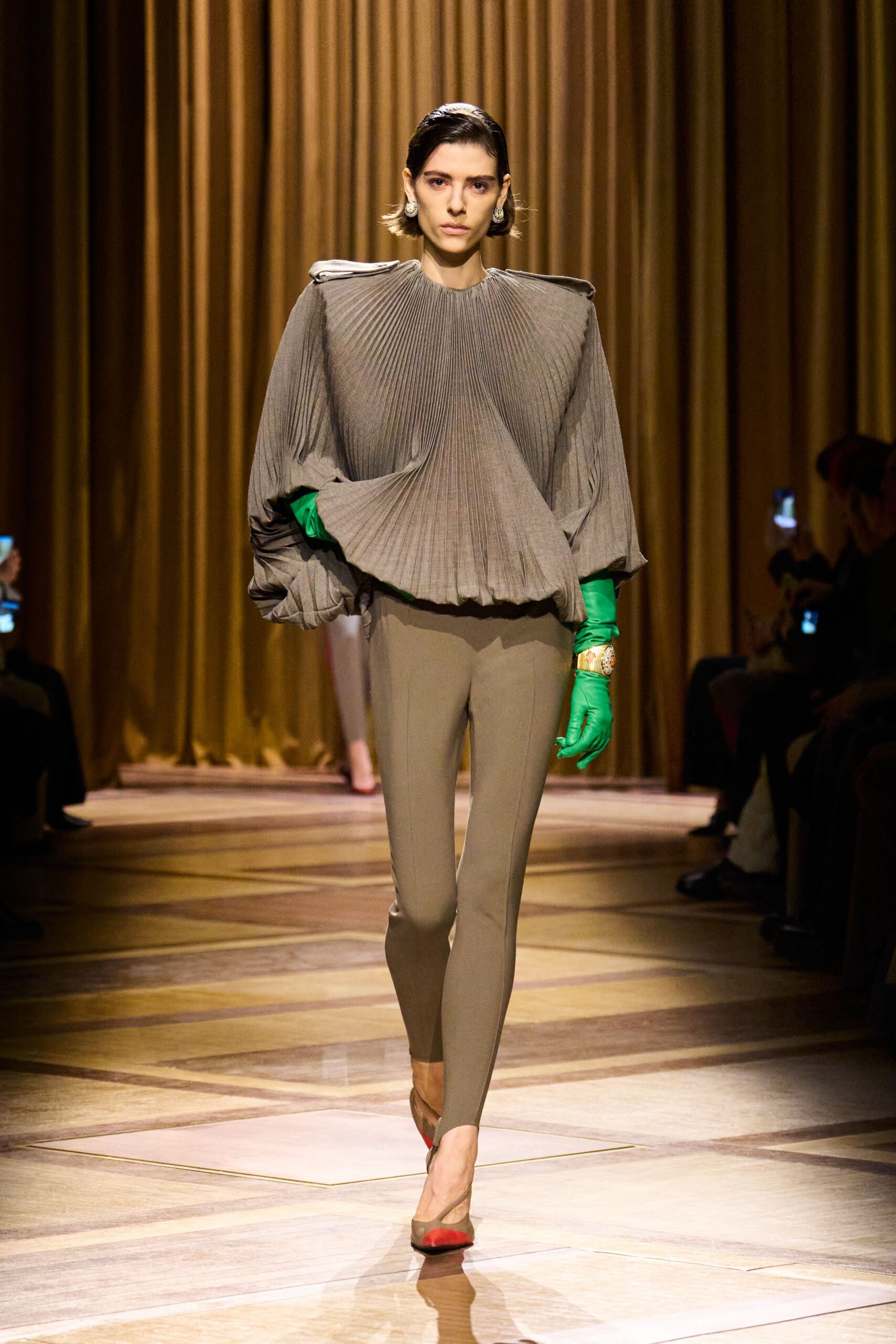 gray silk long-sleeve high-neck relaxed pleated top
