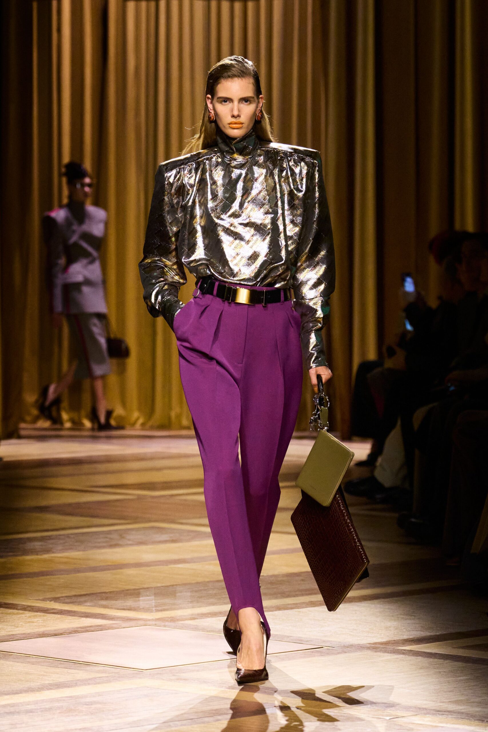 gold silk long-sleeve high-neck fitted pleated shiny top