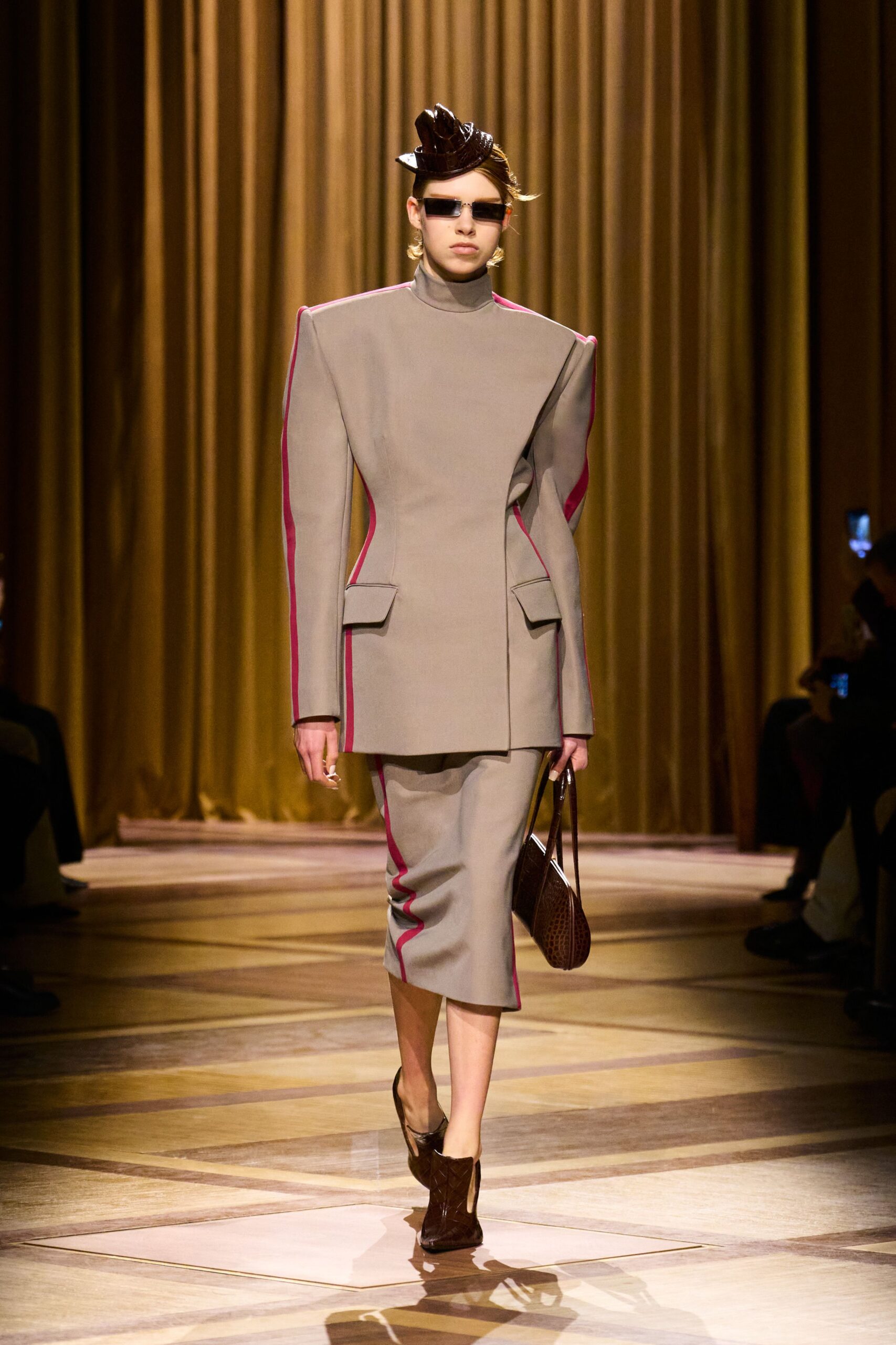 beige wool long-sleeve collared structured buttoned pencil suit