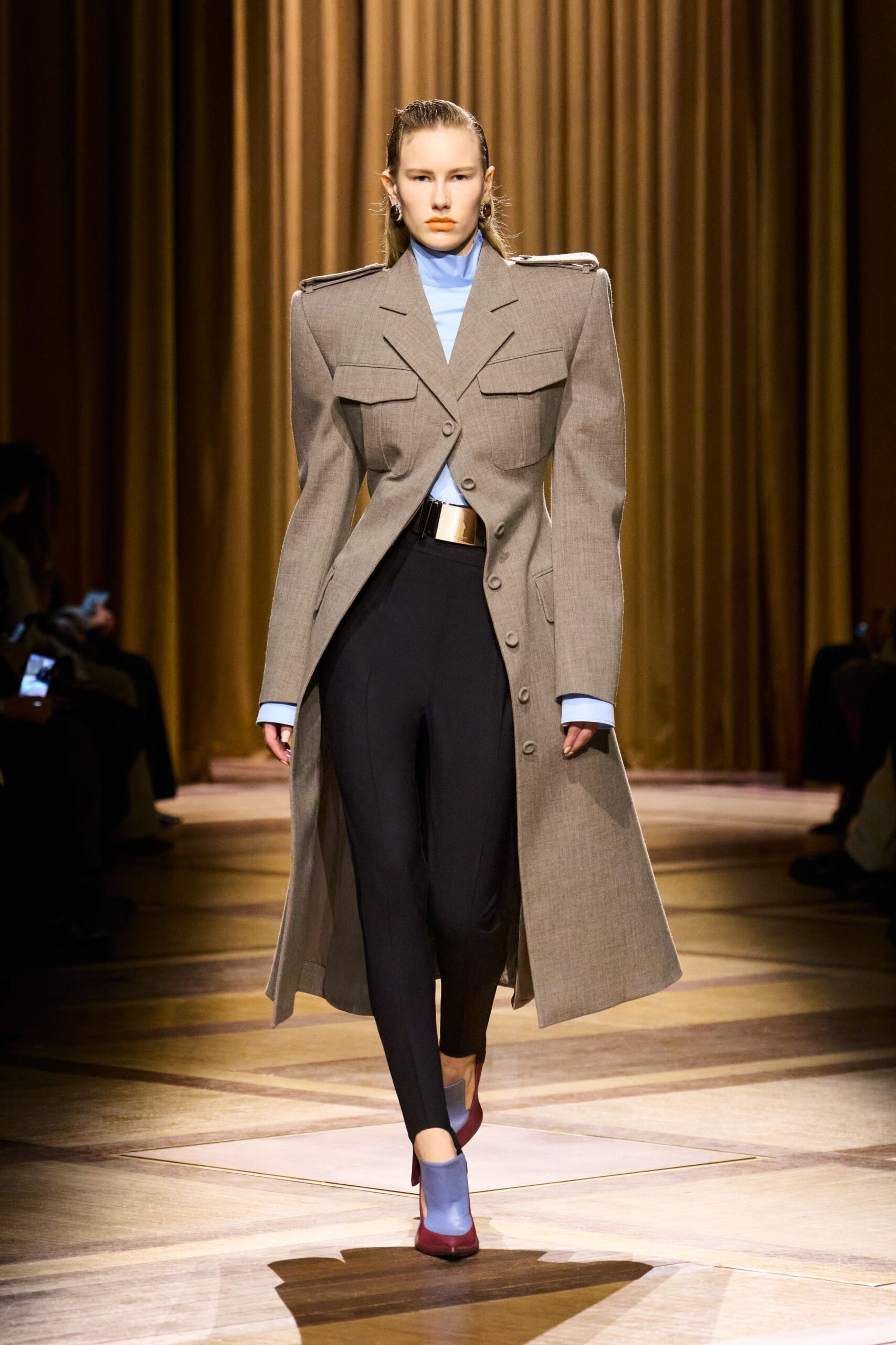 beige wool long-sleeve collared structured buttoned maxi coat