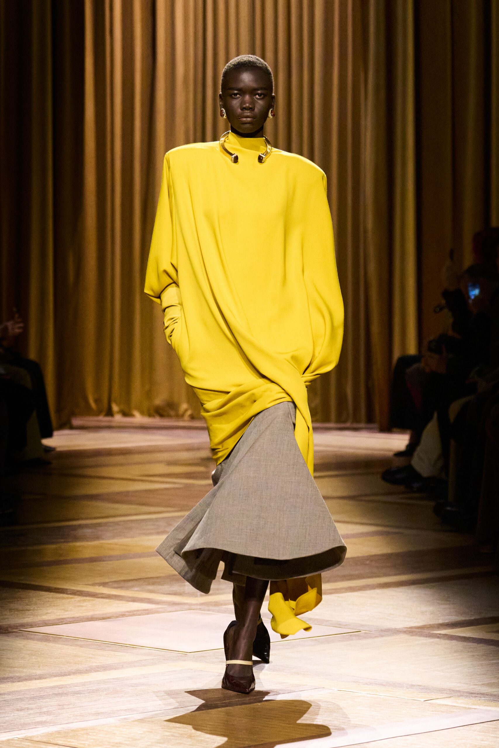 yellow silk long-sleeve high-neck relaxed draped pockets dress