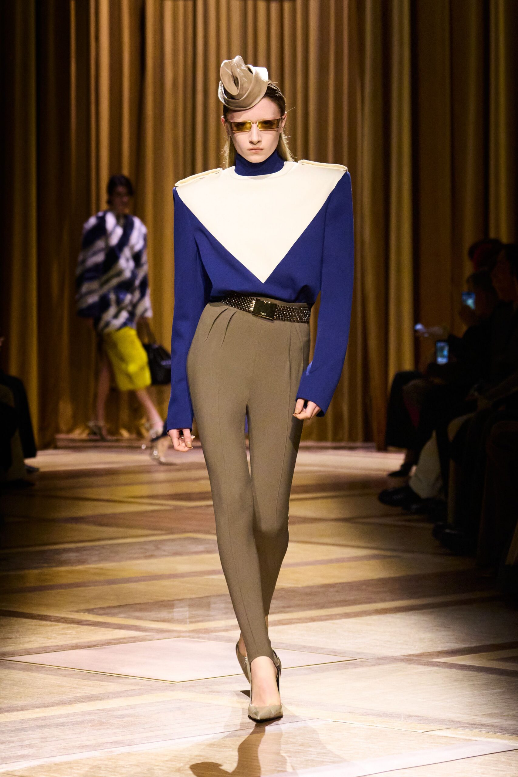 blue long-sleeve high-neck fitted color-blocked top