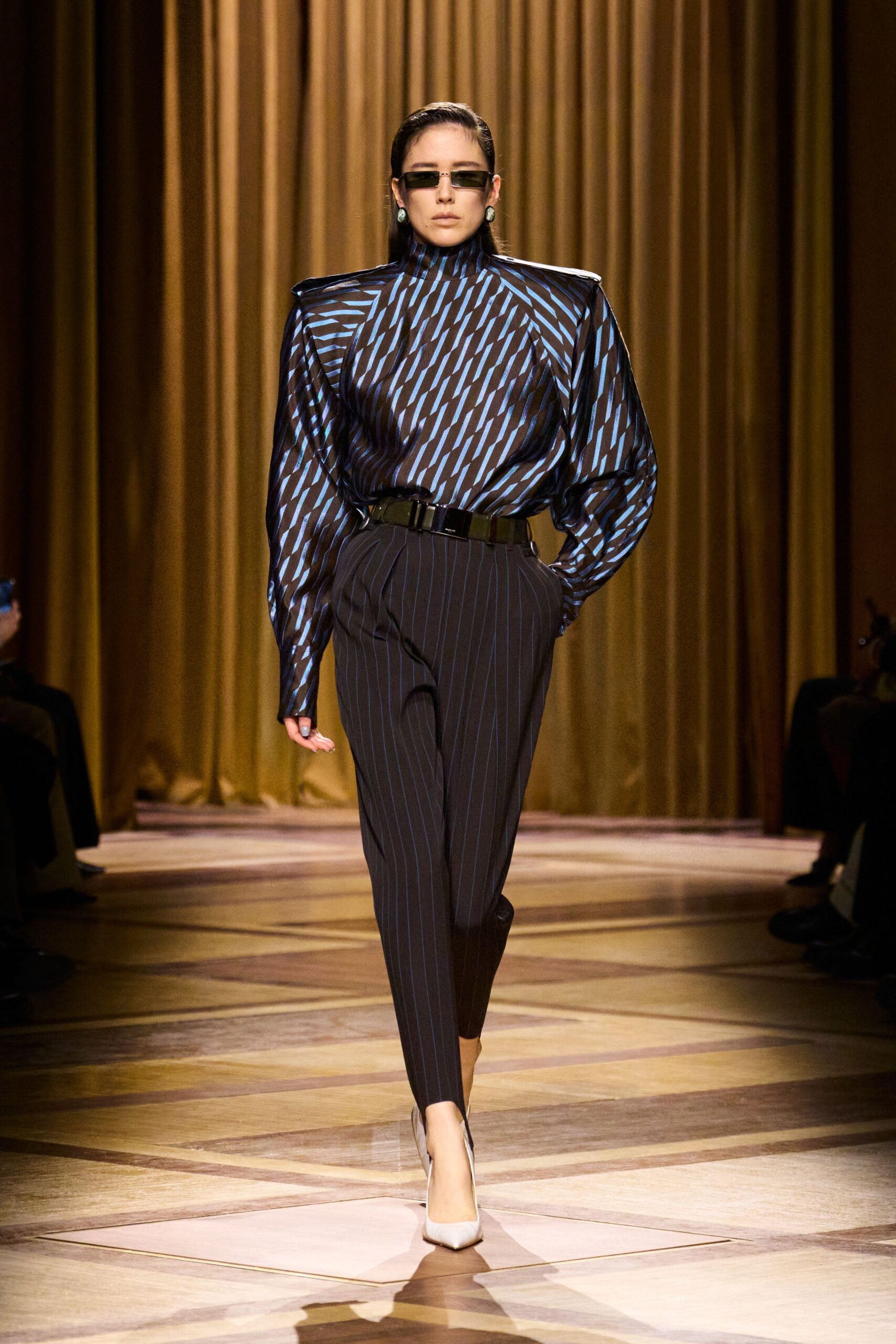 blue silk long-sleeve high-neck fitted striped blouse