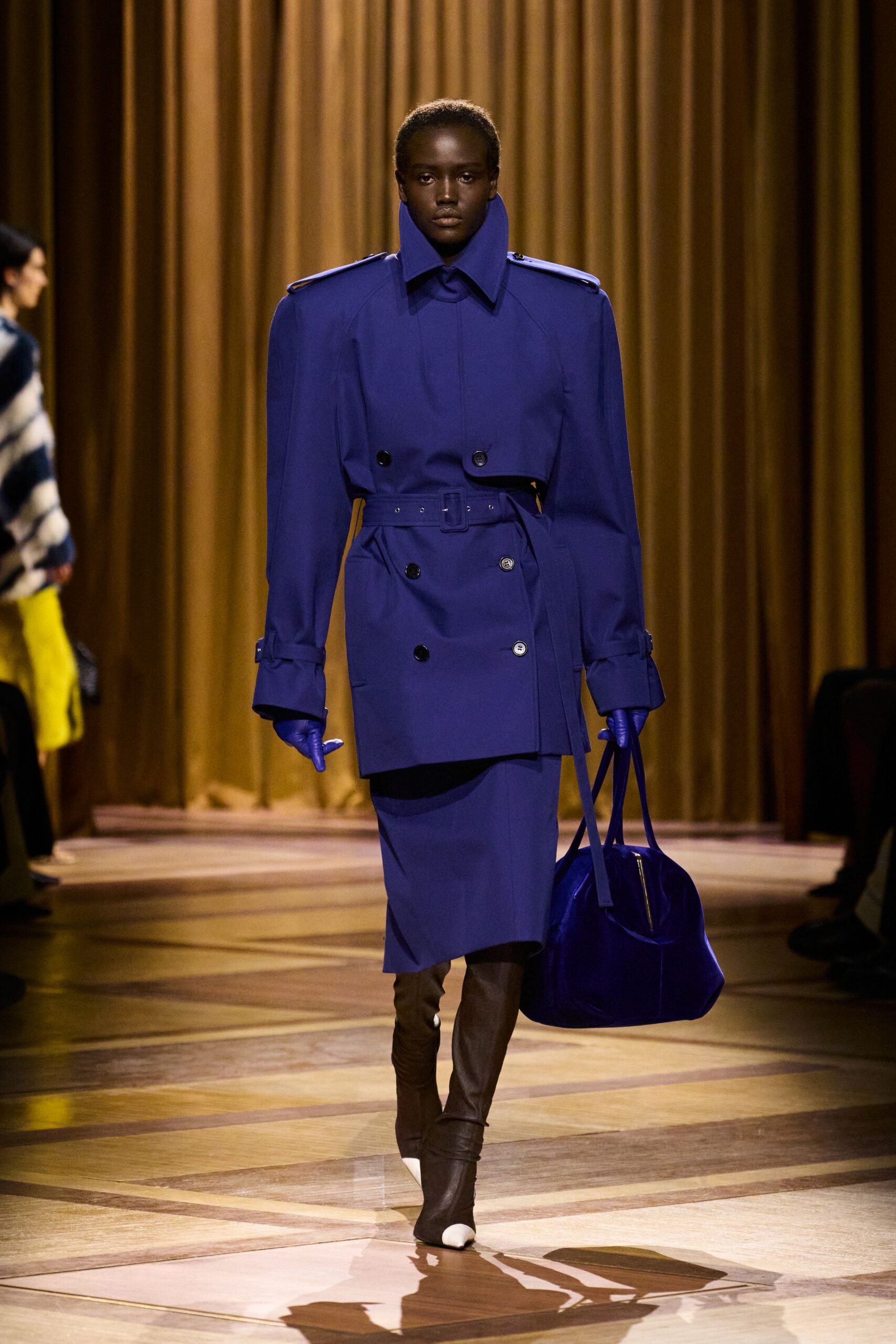 blue wool long-sleeve double-breasted structured belted coat