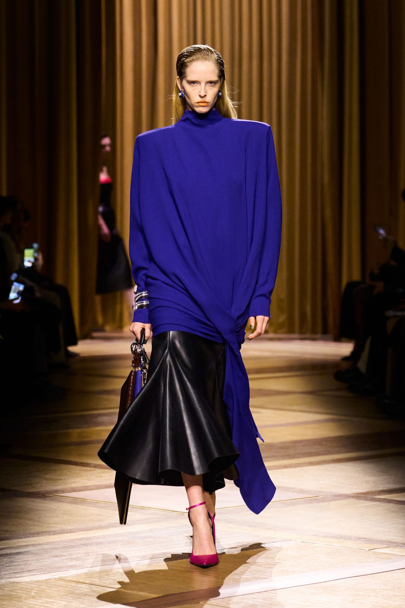 purple cotton long-sleeve high-neck relaxed draped top