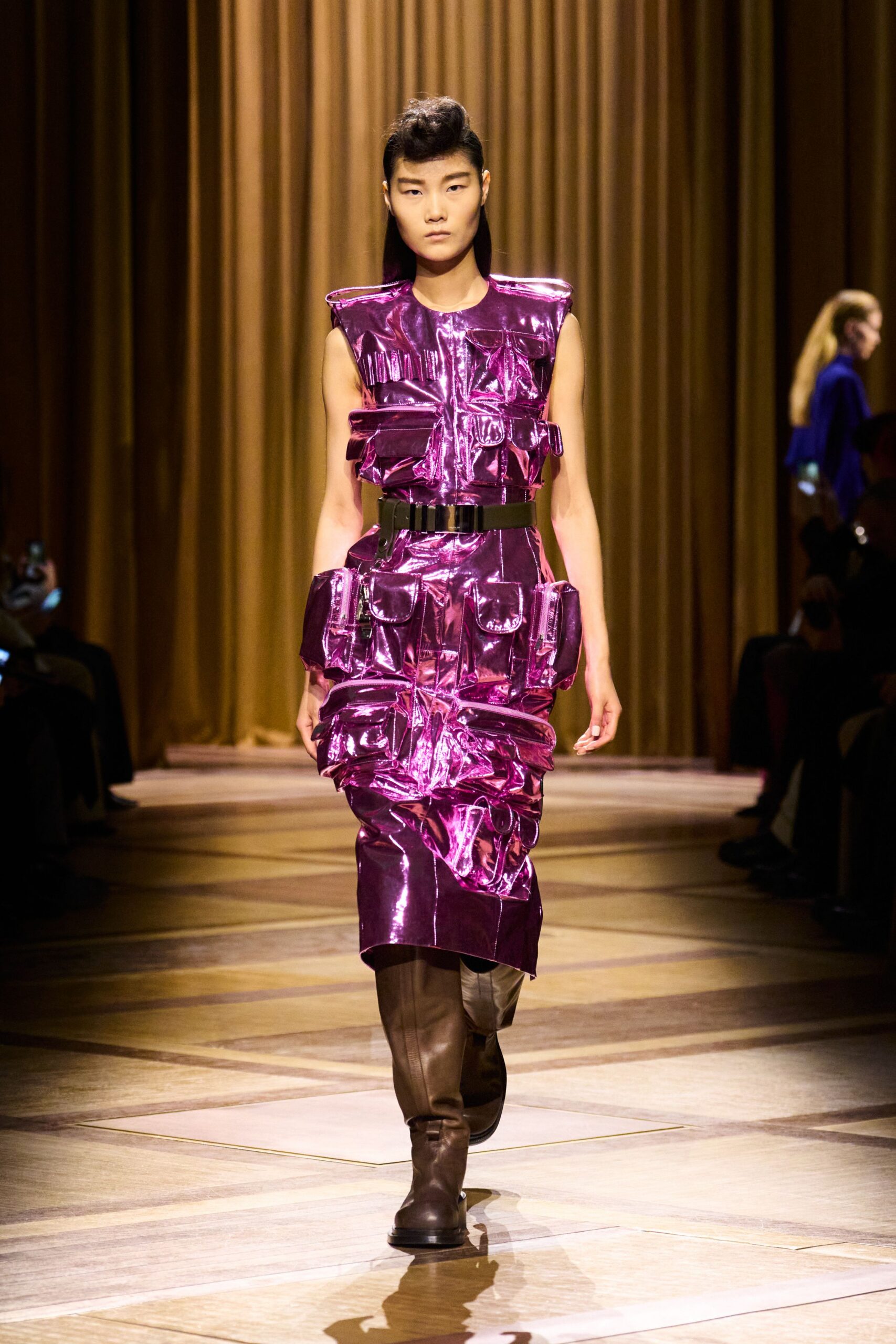 purple vinyl sleeveless high-neck fitted layered pockets dress
