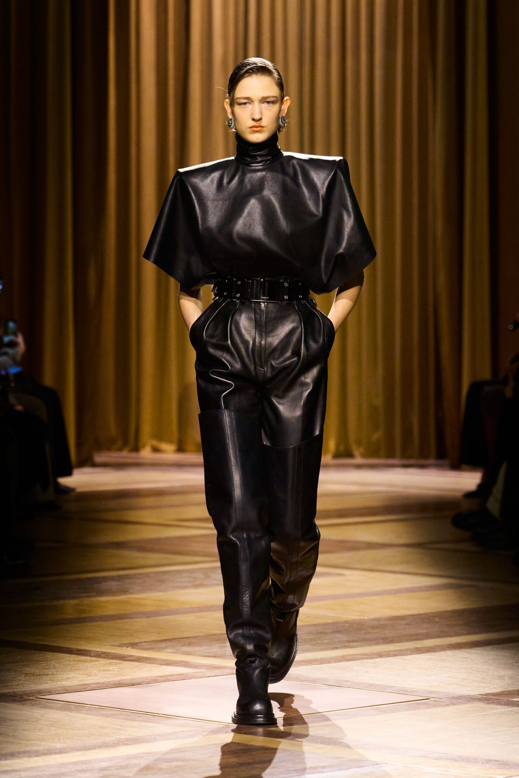 black leather short-sleeve high-neck fitted structured top