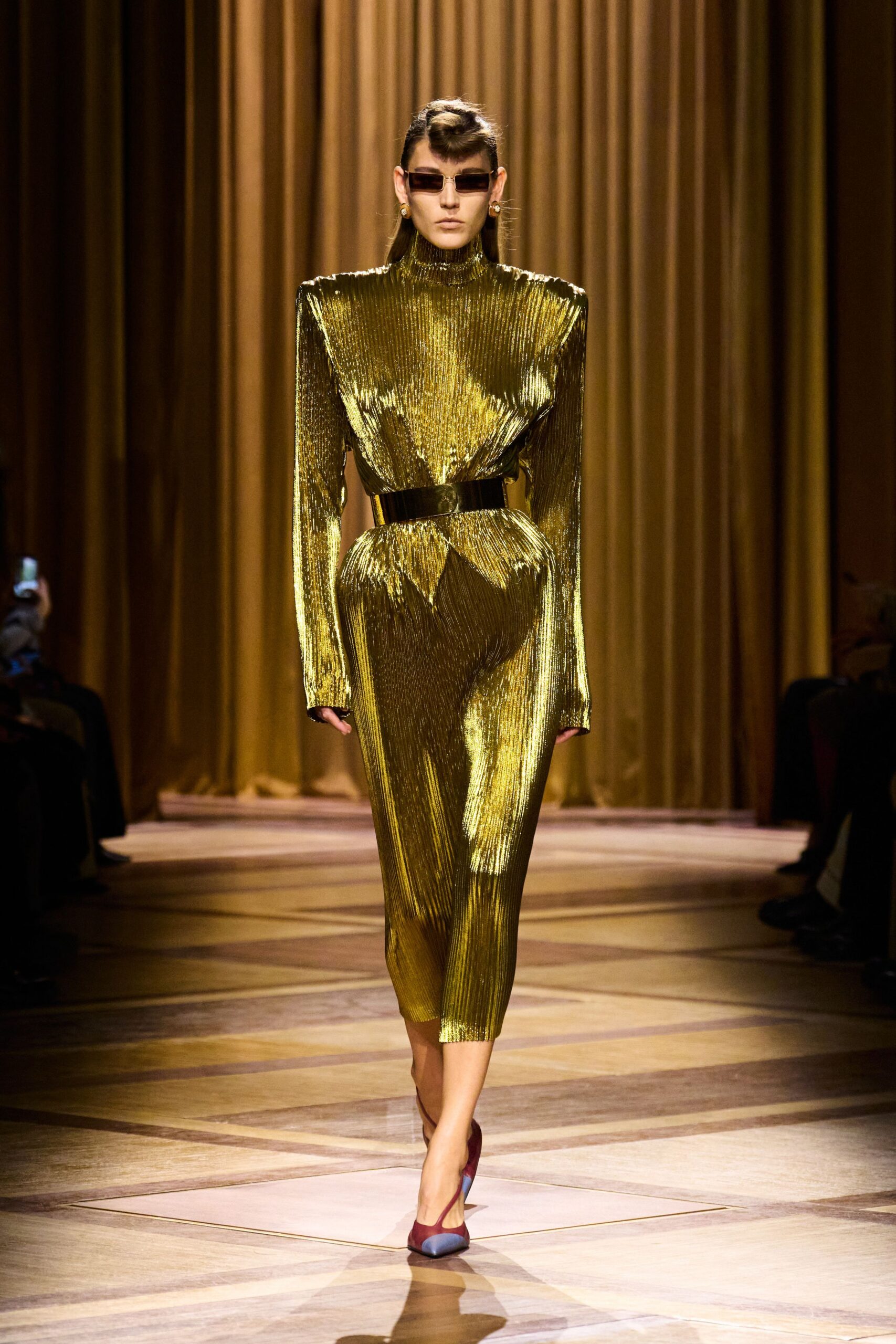 gold silk long-sleeve high-neck fitted pleated belted dress