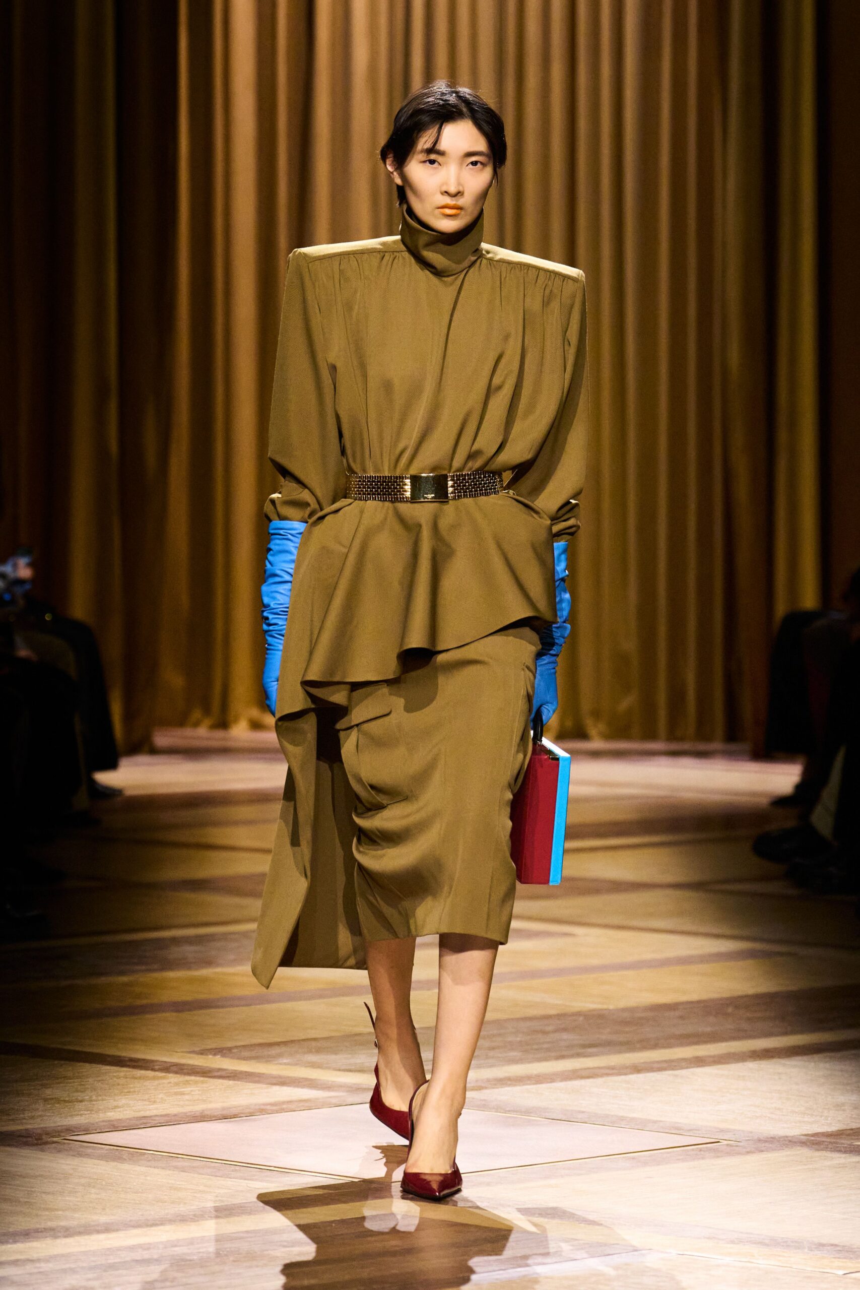 brown silk long-sleeve high-neck fitted pleated belted dress