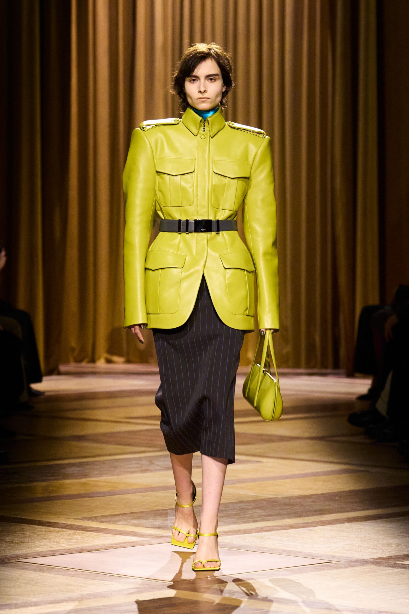 green leather long-sleeve collared structured buttoned jacket