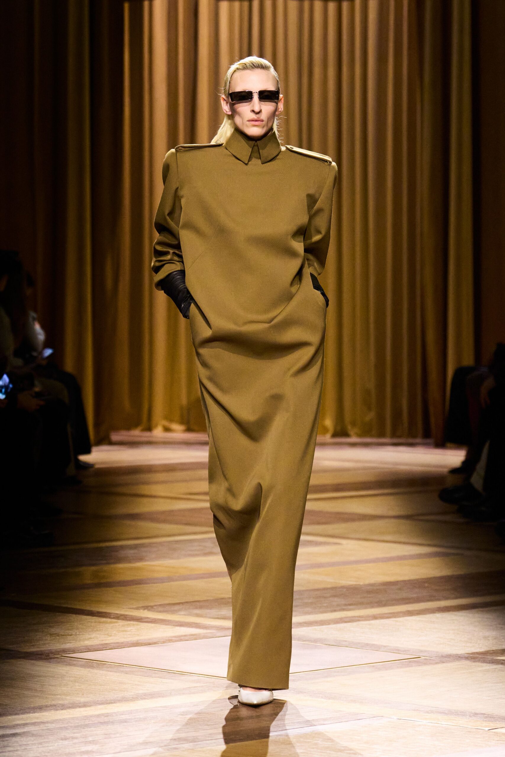 brown wool long-sleeve high-neck oversized straight-leg pockets dress