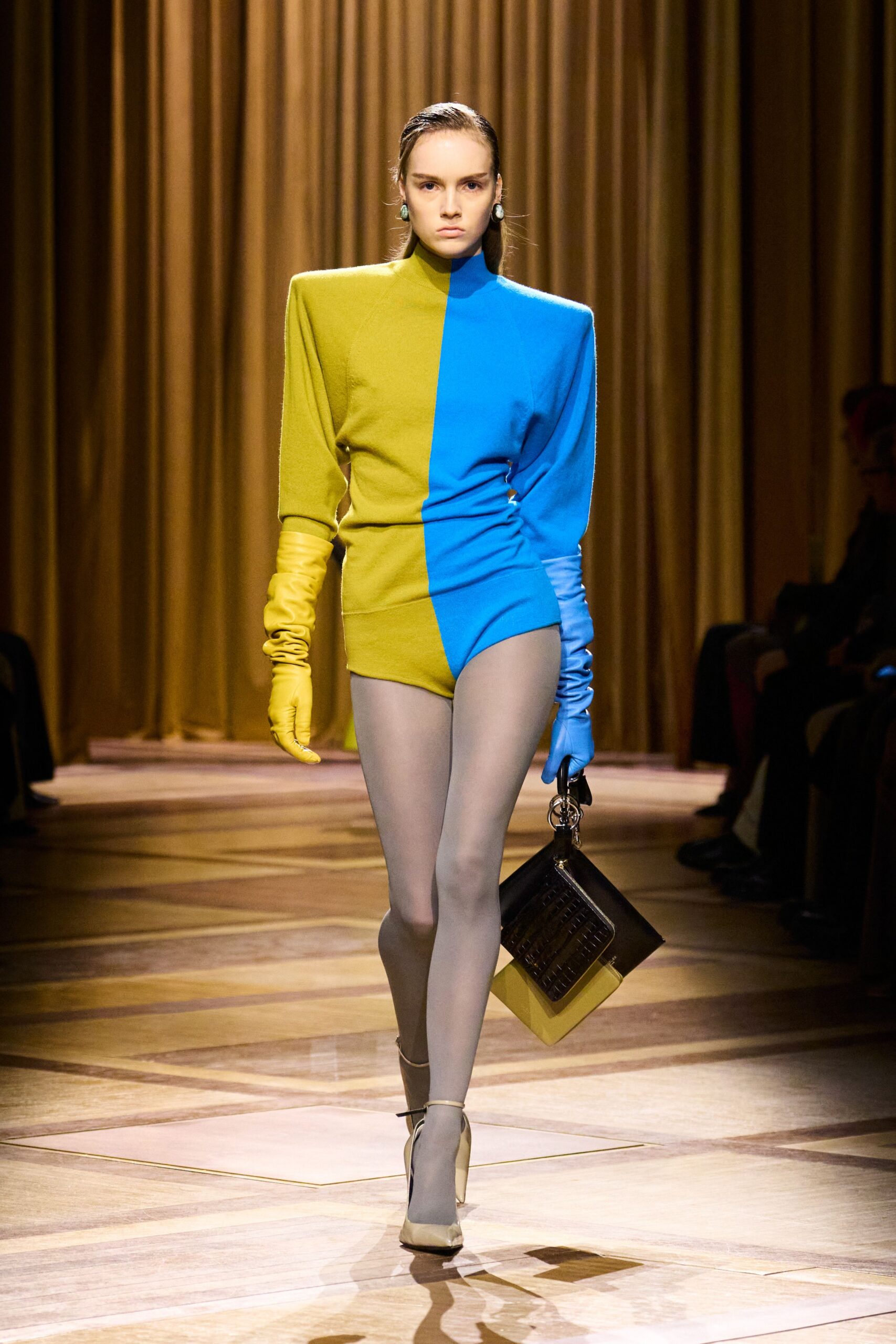 yellow long-sleeve high-neck fitted color-blocked bodysuit
