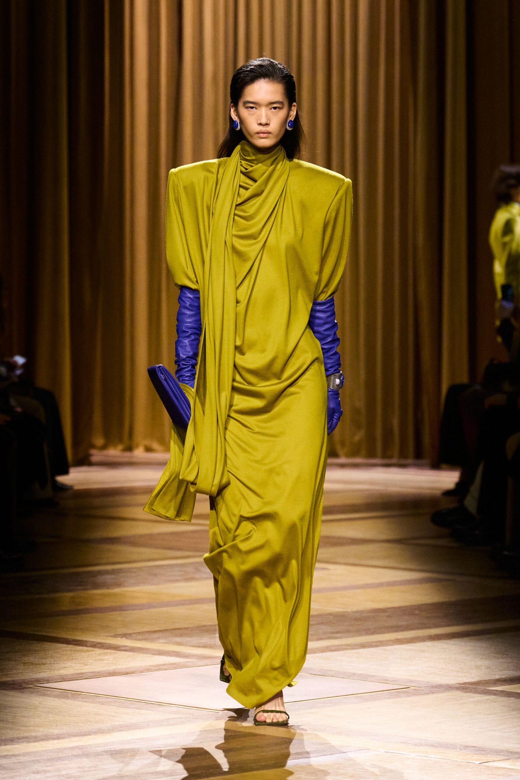yellow silk long-sleeve high-neck fitted draped maxi gown