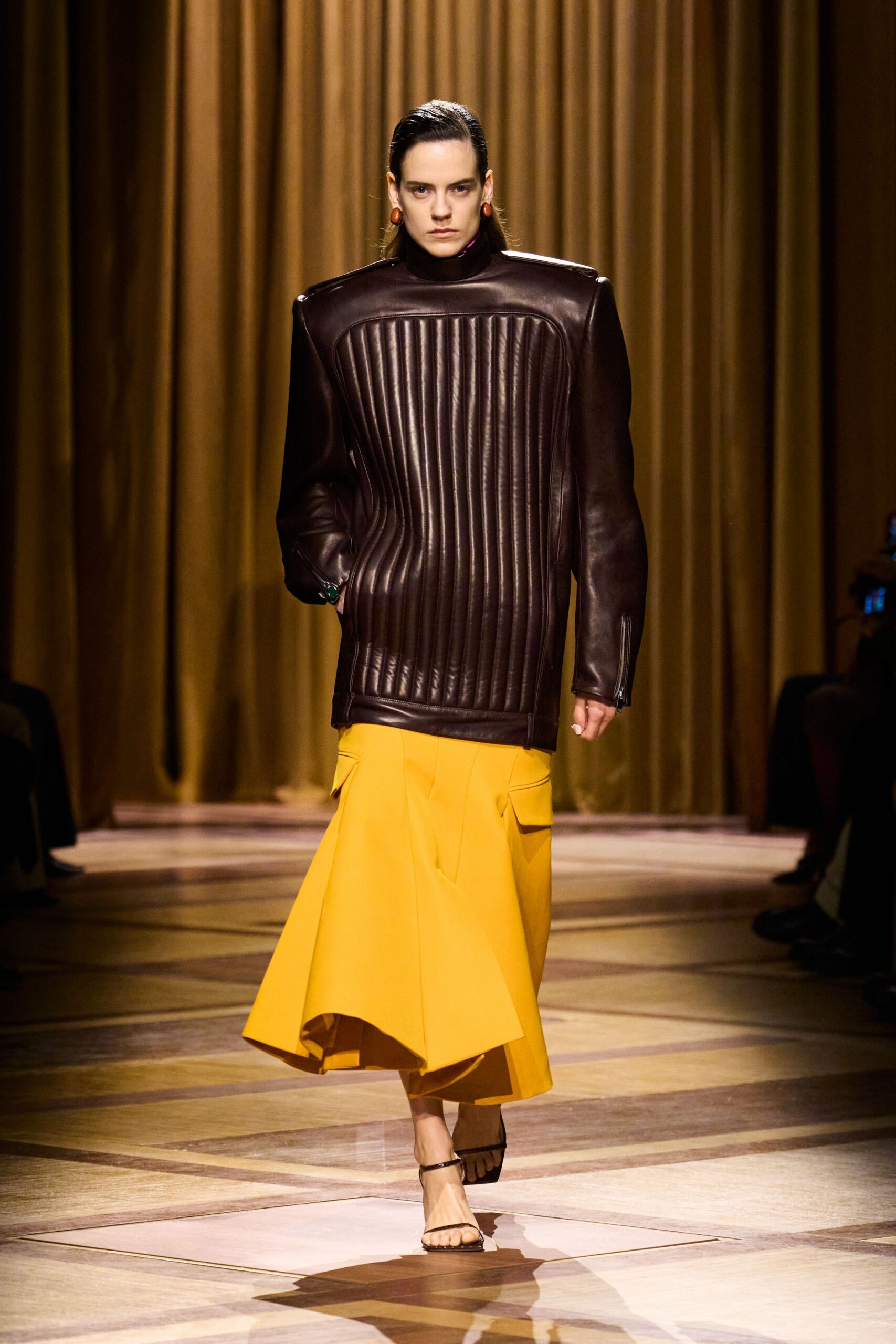 brown leather long-sleeve high-neck structured pleated top