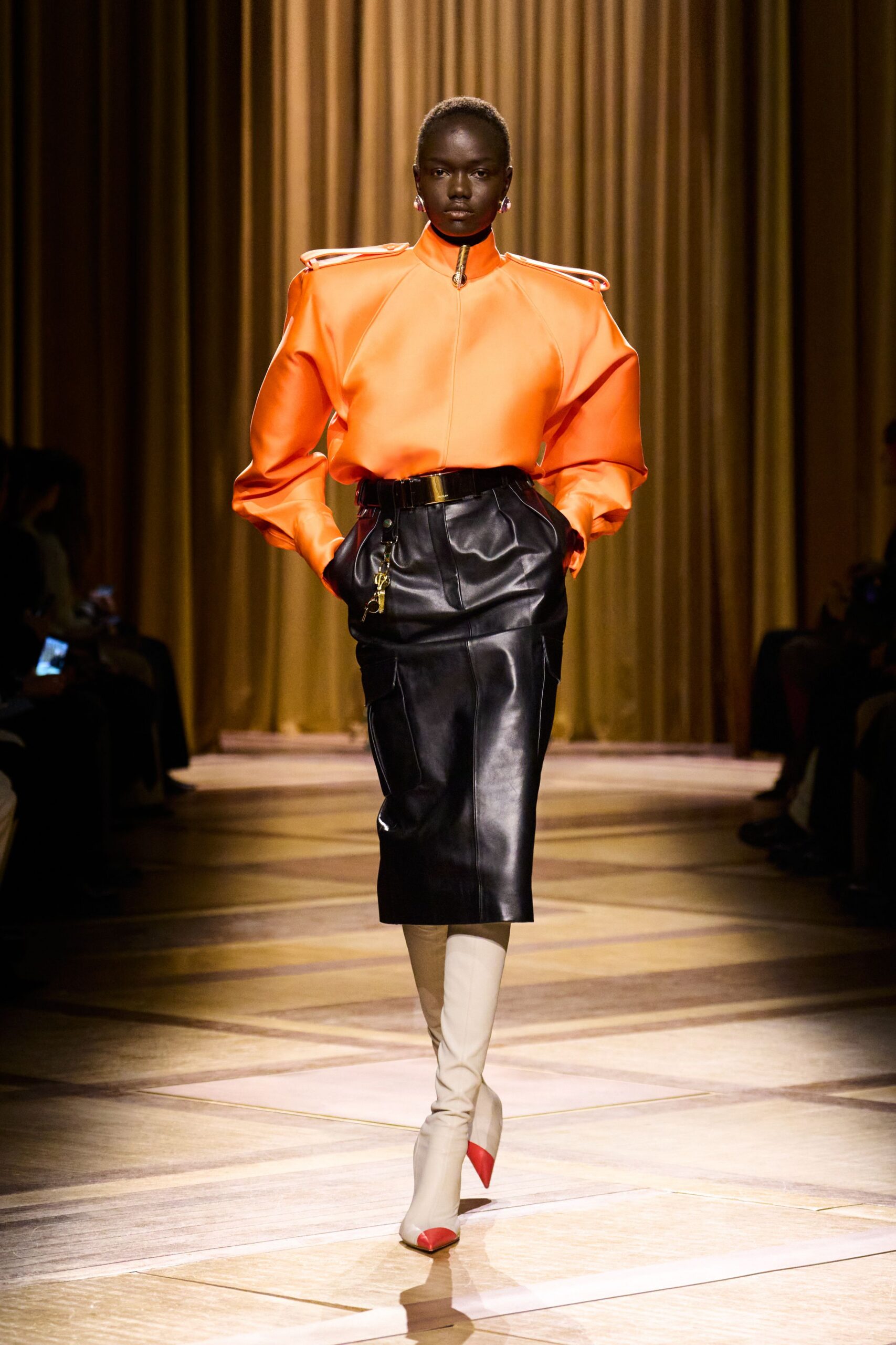 orange silk long-sleeve collared oversized zippered jacket
