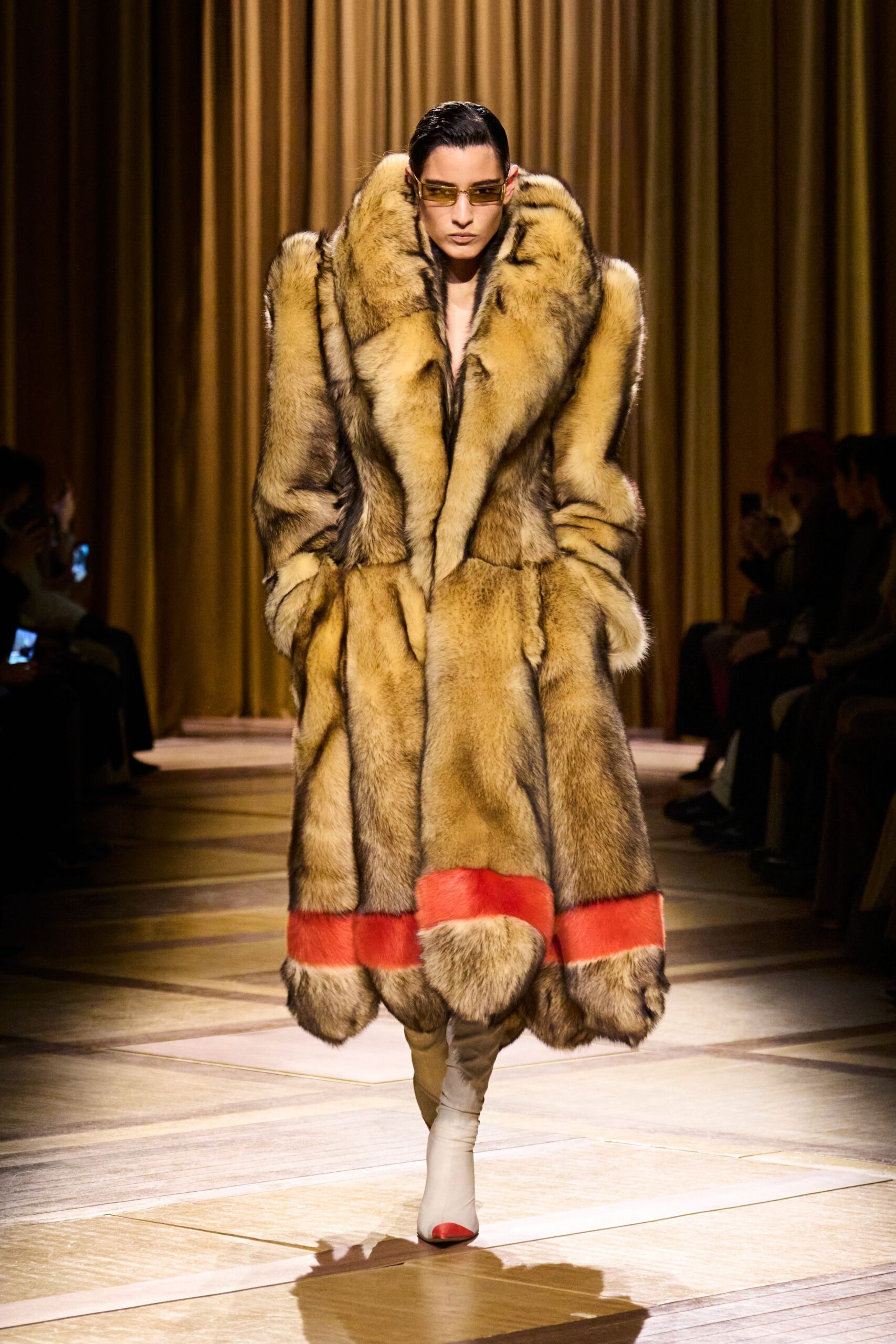 brown fur relaxed layered maxi coat