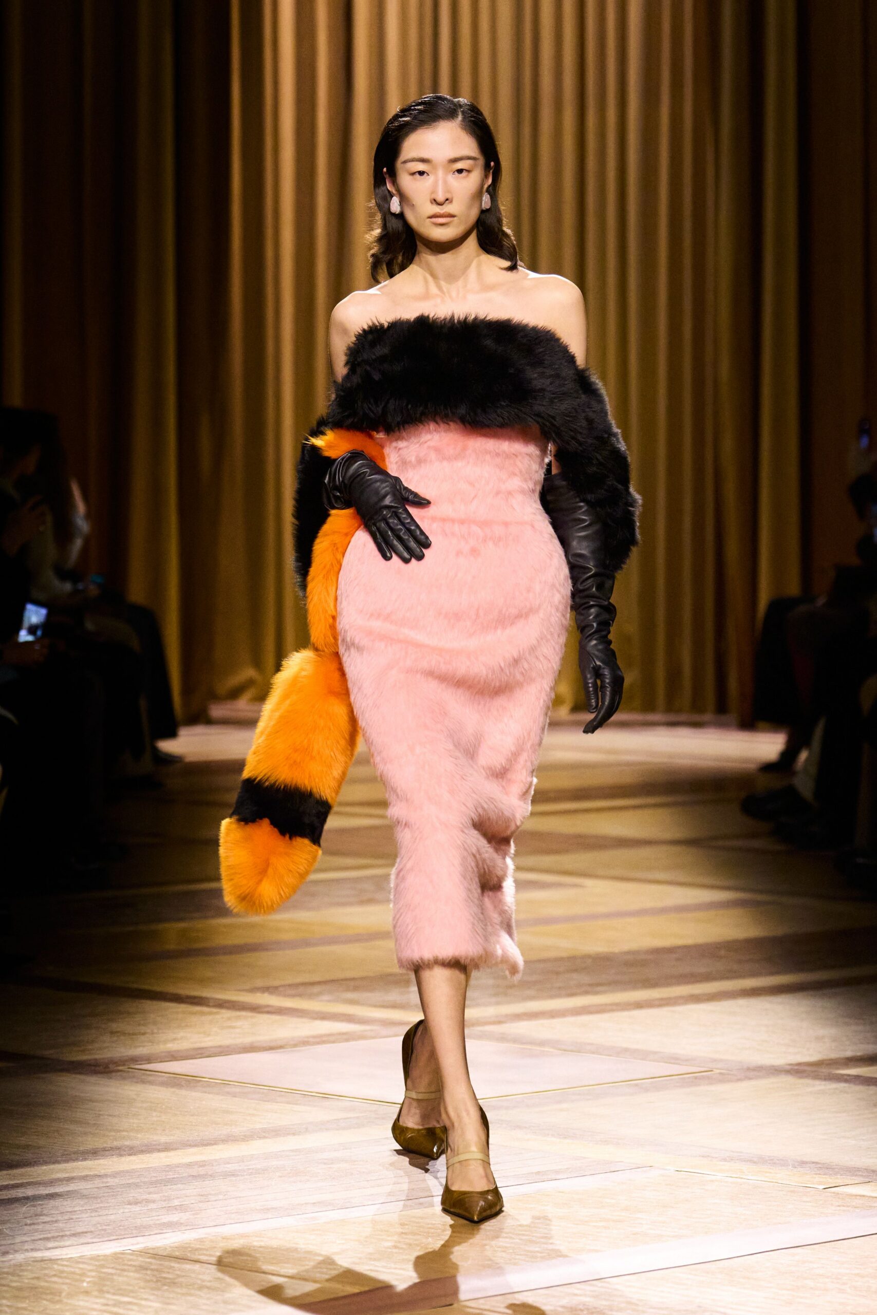 pink fur strapless fitted ruched midi dress