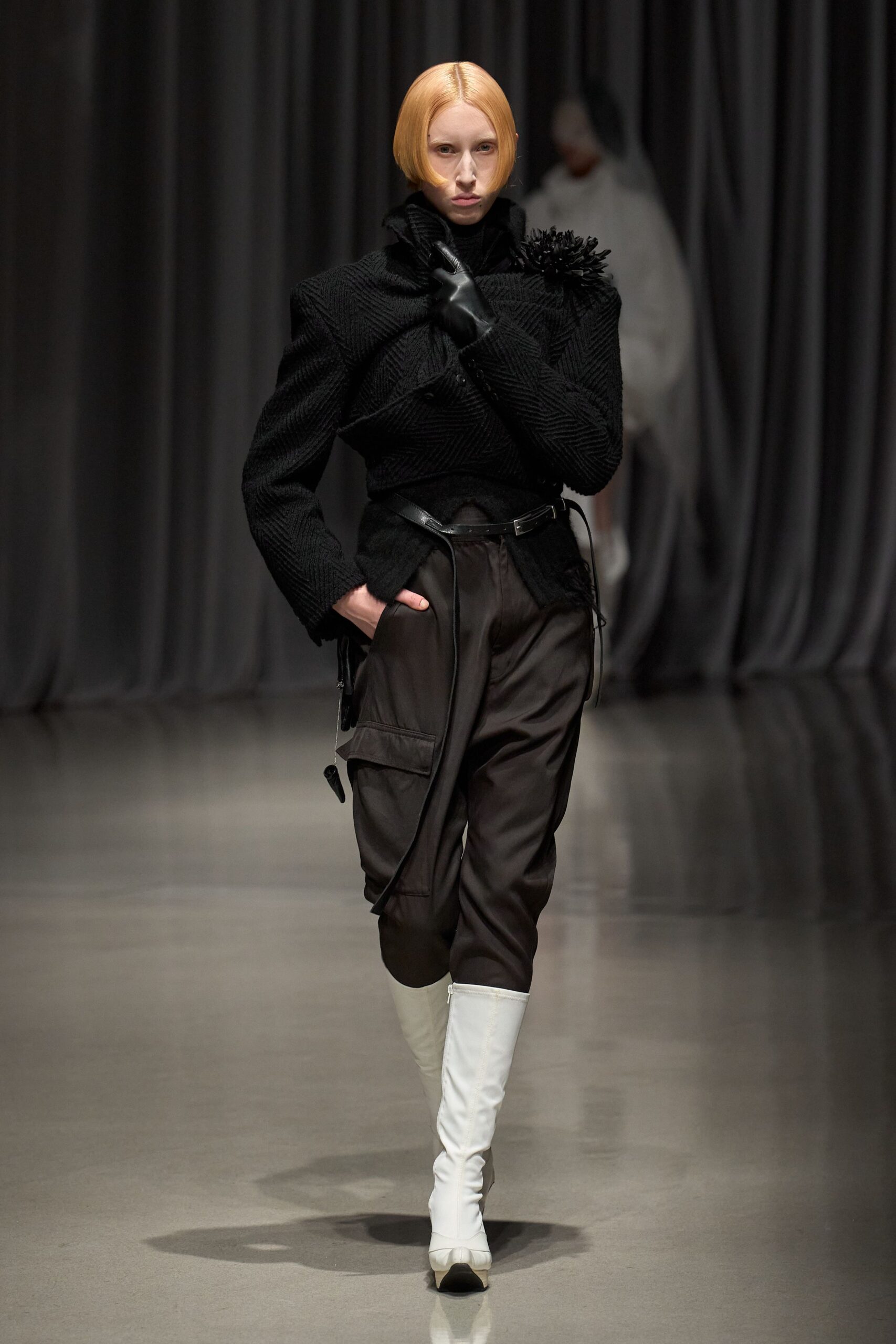 black structured jacket with relaxed pants