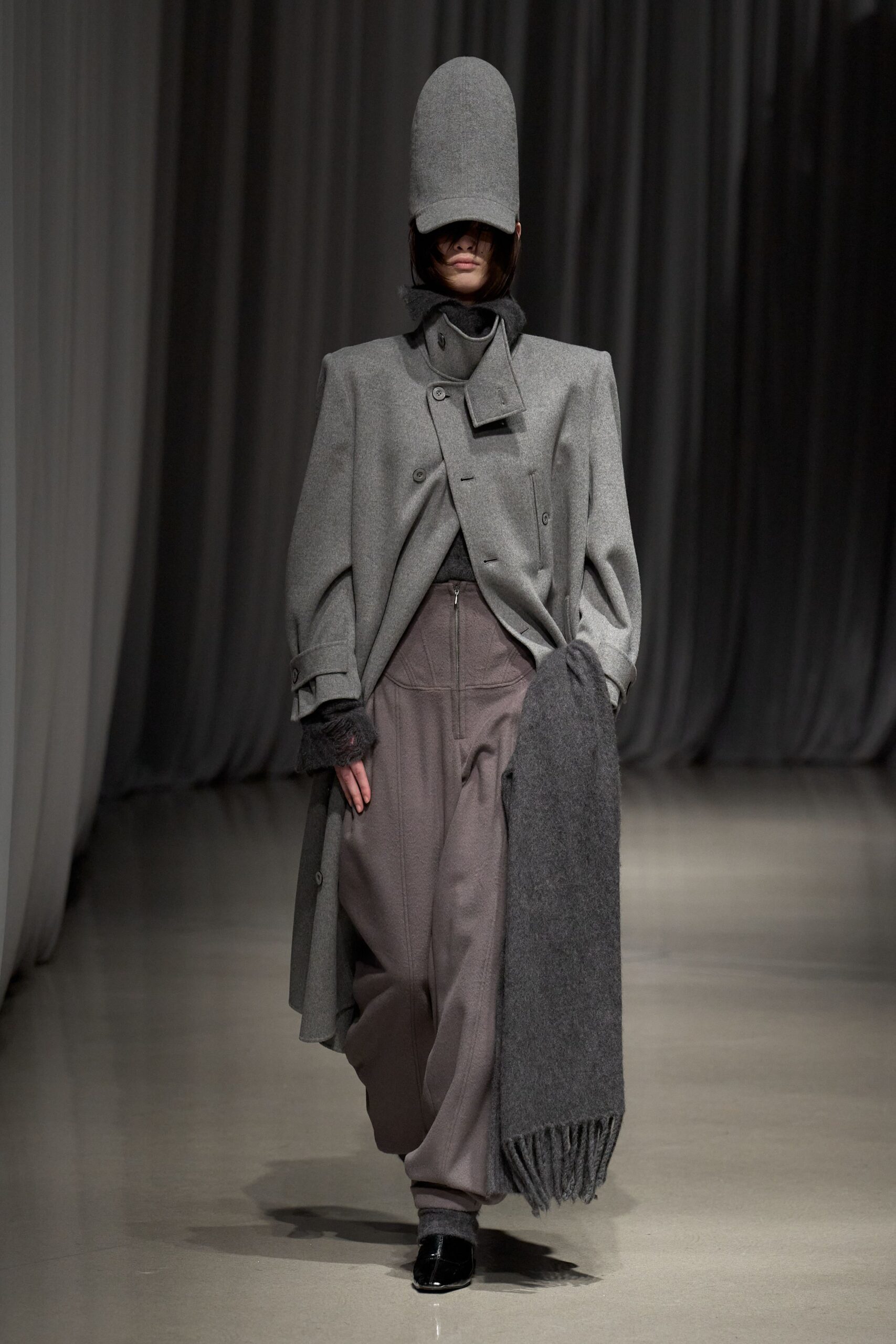 gray oversized coat with scarf