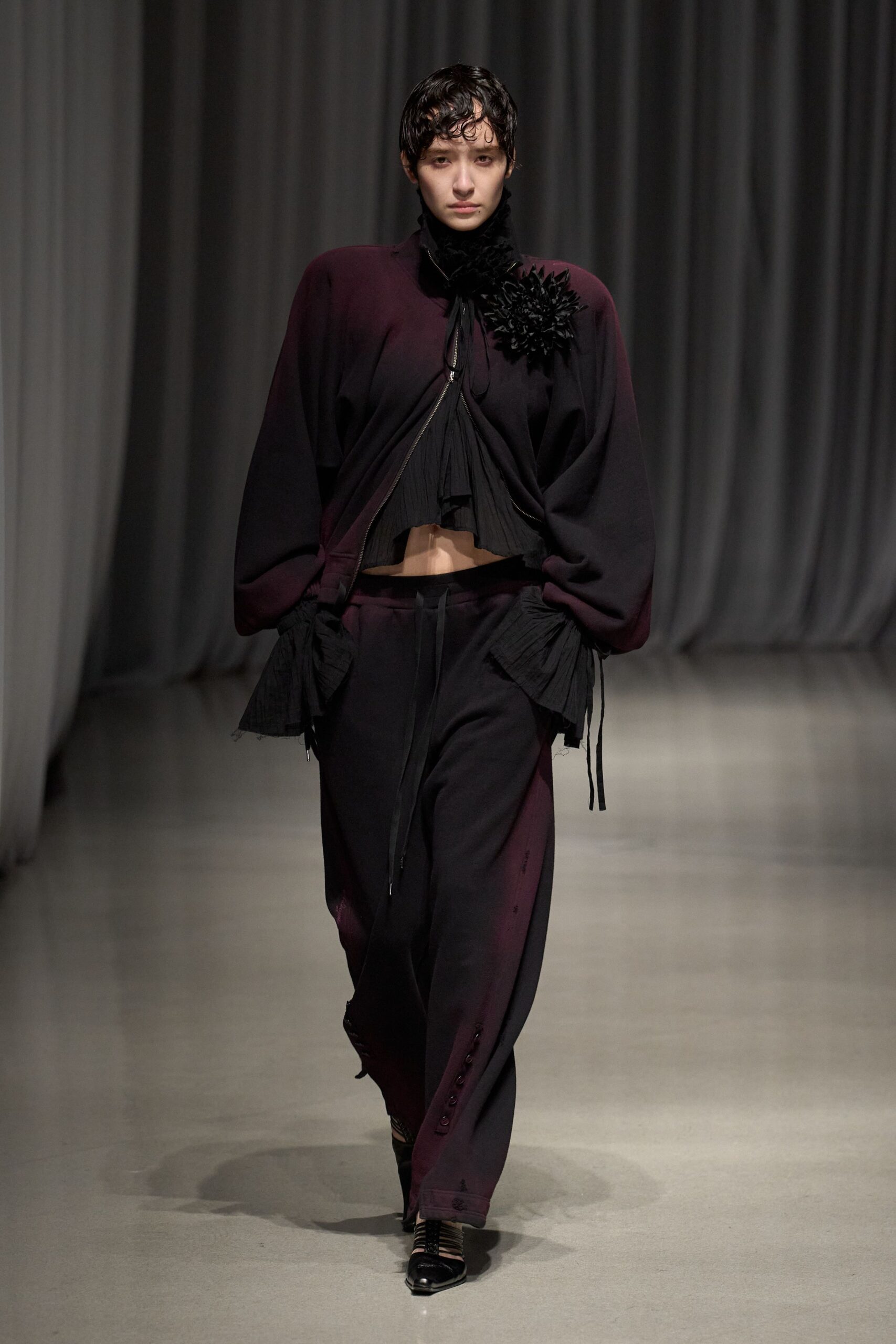 black cotton long-sleeve collared relaxed draped zippered top