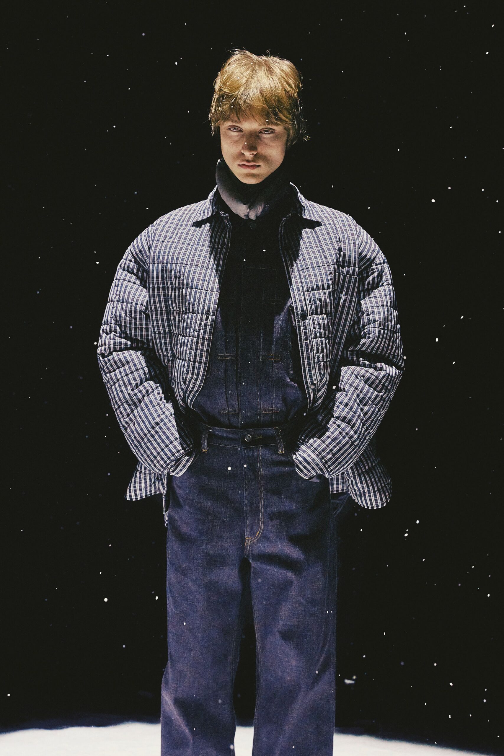 blue checked jacket and denim pants